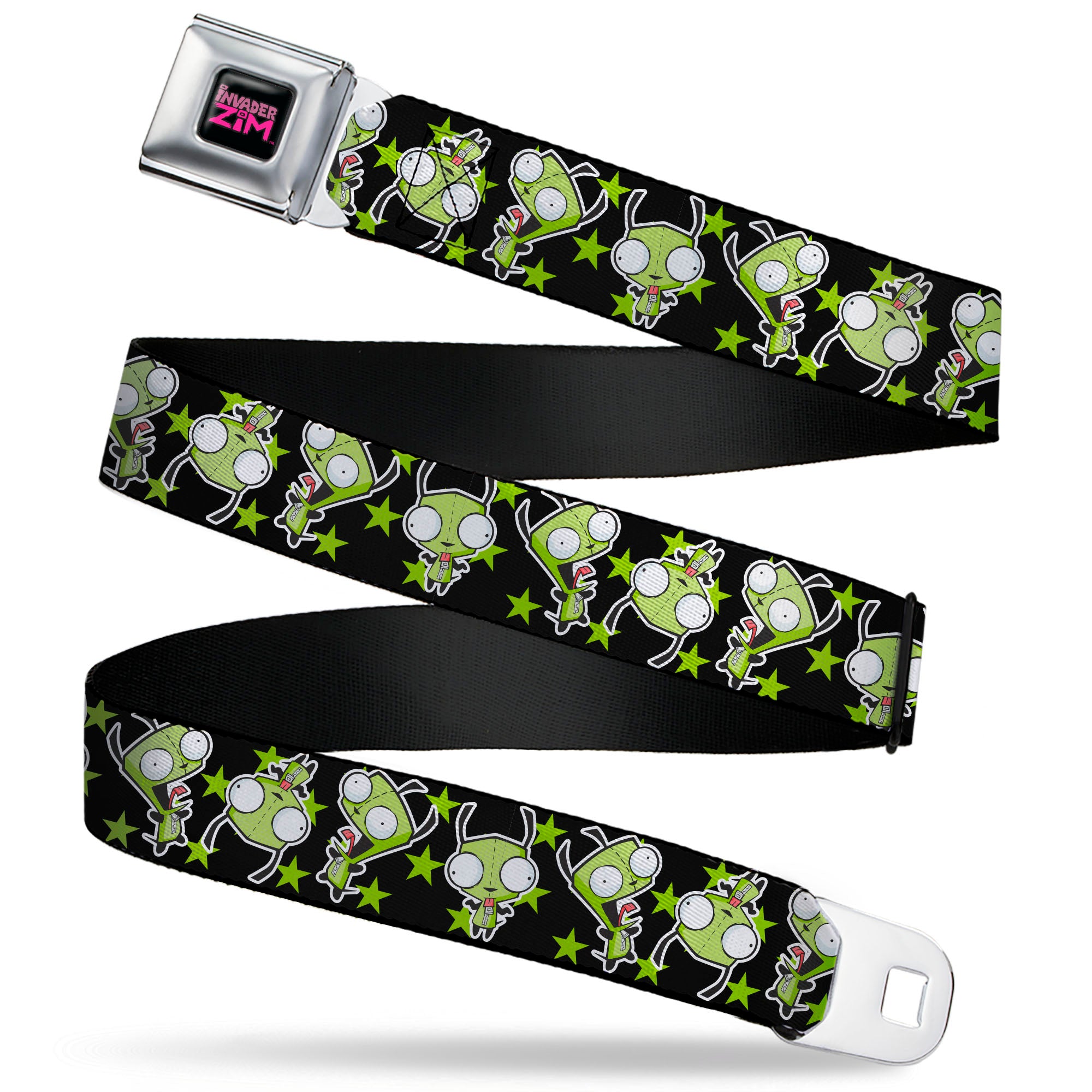 INVADER ZIM Title Logo Full Color Pink/Green Seatbelt Belt - Invader Zim GIR Poses and Stars Black/Green Webbing Seatbelt Belts Invader Zim