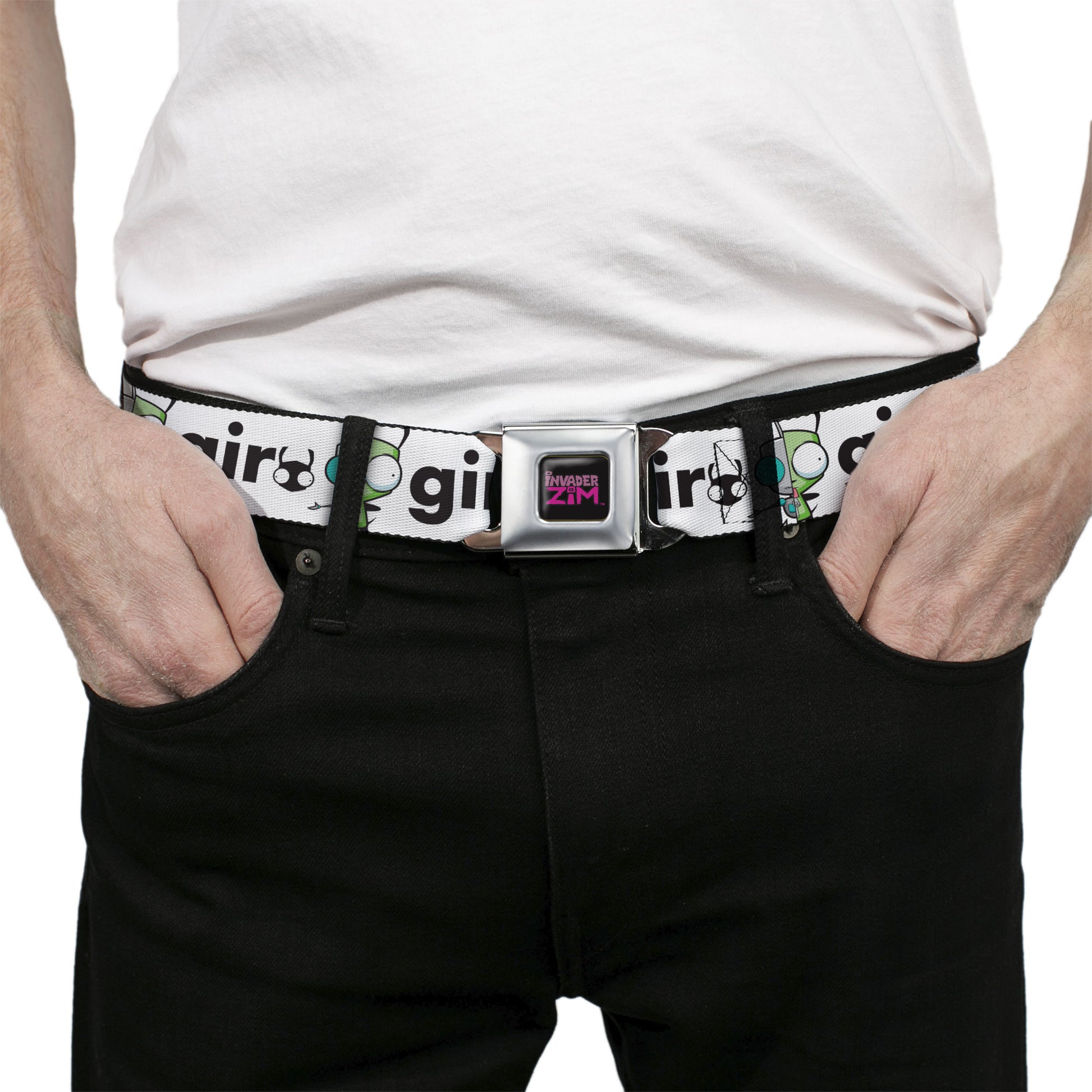 INVADER ZIM Title Logo Full Color Pink/Green Seatbelt Belt - Invader Zim and GIR Split Pose and Text White/Black Webbing Seatbelt Belts Invader Zim