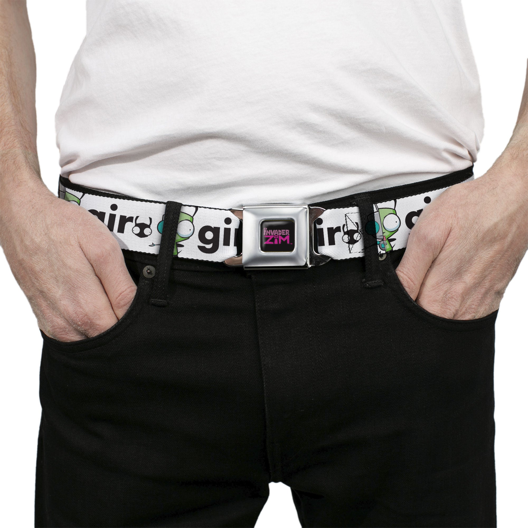 INVADER ZIM Title Logo Full Color Pink/Green Seatbelt Belt - Invader Zim and GIR Split Pose and Text White/Black Webbing Seatbelt Belts Invader Zim