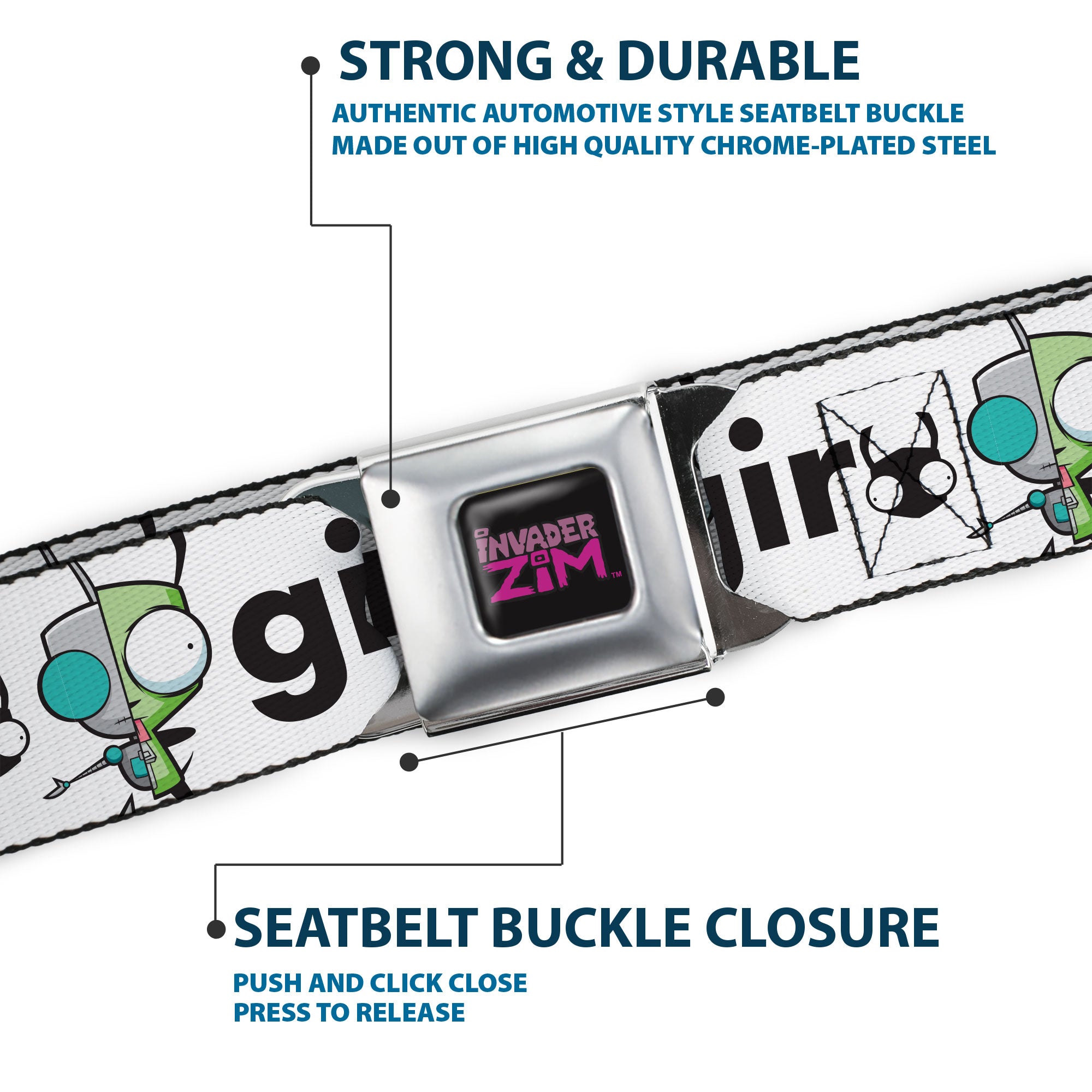 INVADER ZIM Title Logo Full Color Pink/Green Seatbelt Belt - Invader Zim and GIR Split Pose and Text White/Black Webbing Seatbelt Belts Invader Zim
