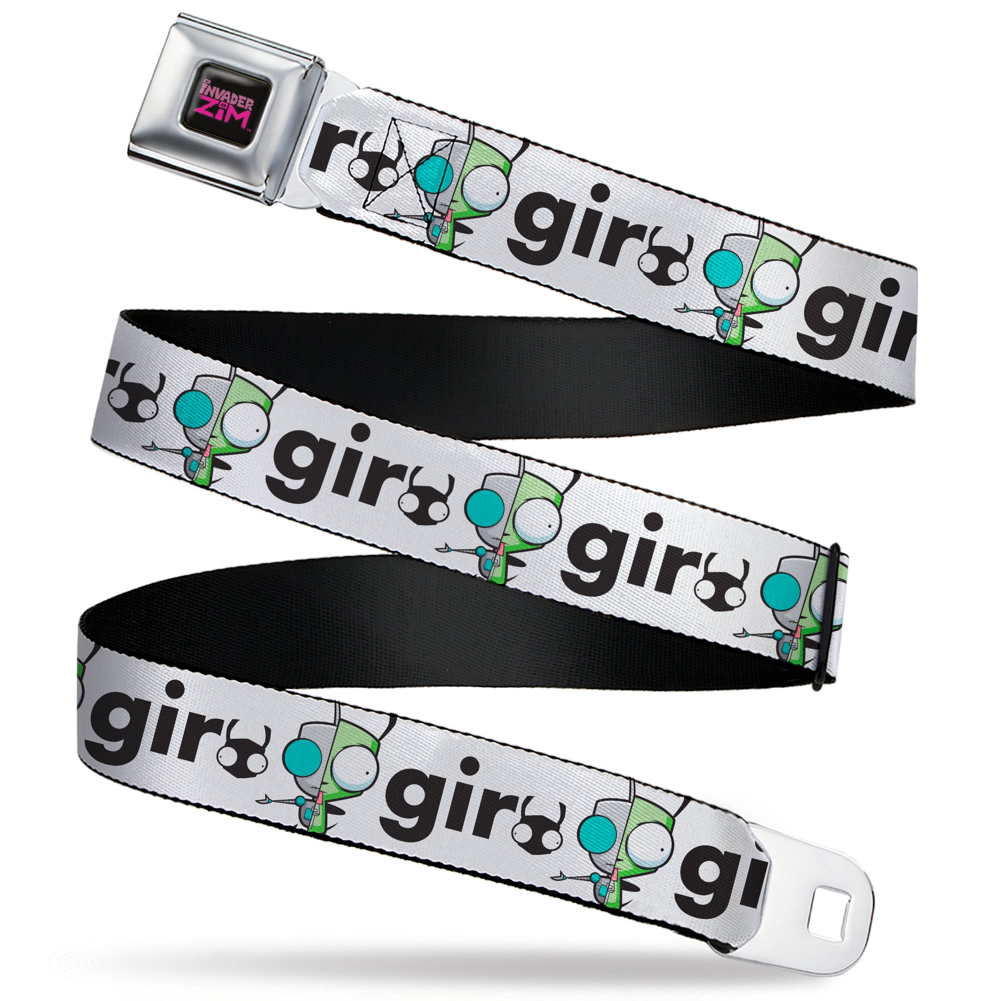 INVADER ZIM Title Logo Full Color Pink/Green Seatbelt Belt - Invader Zim and GIR Split Pose and Text White/Black Webbing Seatbelt Belts Invader Zim