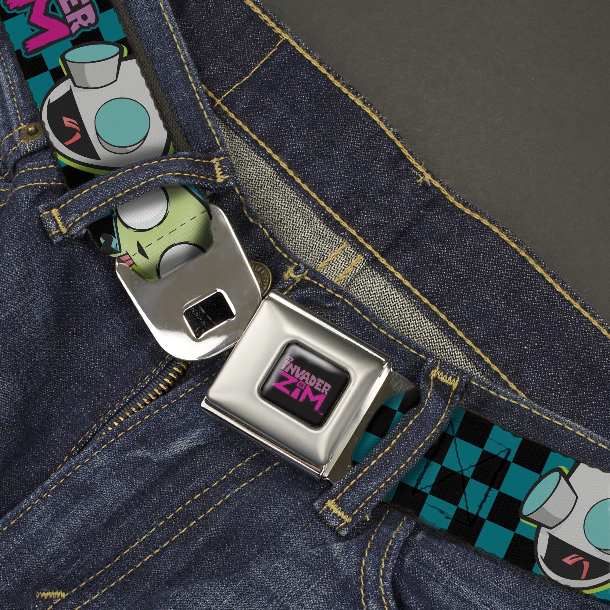 INVADER ZIM Title Logo Full Color Pink/Green Seatbelt Belt - INVADER ZIM GIR Poses and Title Logo Checker Blue/Black Webbing Seatbelt Belts Invader Zim