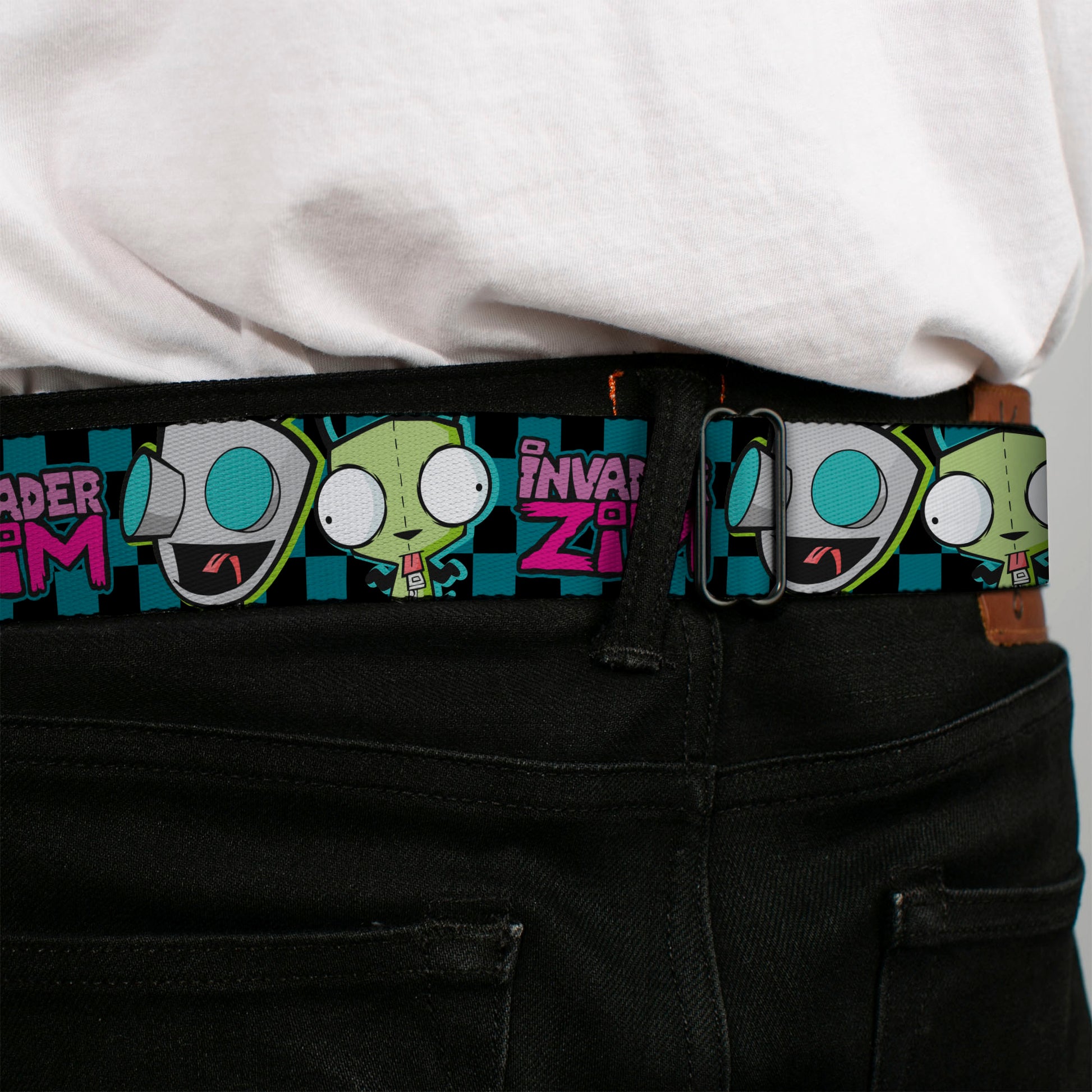 INVADER ZIM Title Logo Full Color Pink/Green Seatbelt Belt - INVADER ZIM GIR Poses and Title Logo Checker Blue/Black Webbing Seatbelt Belts Invader Zim