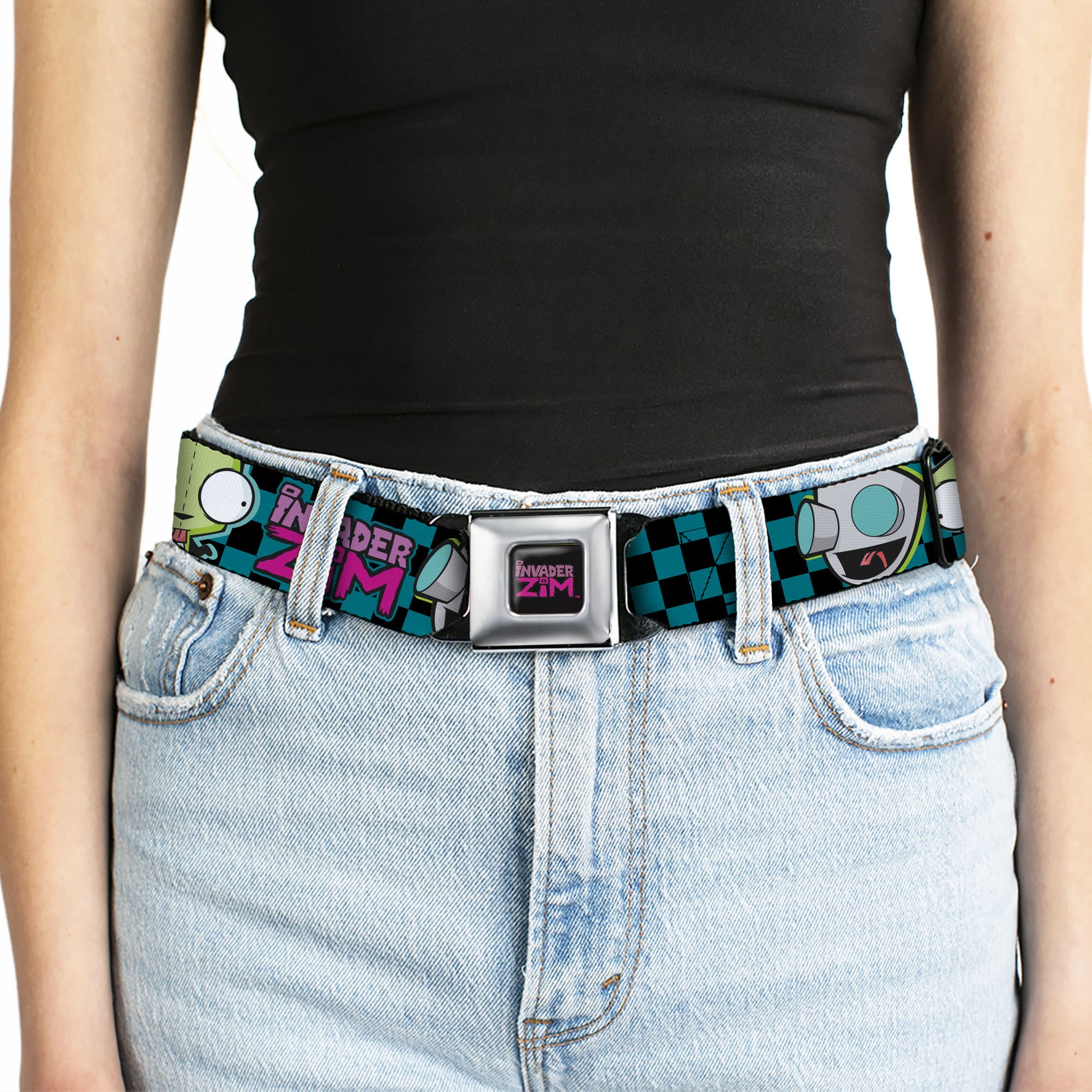 INVADER ZIM Title Logo Full Color Pink/Green Seatbelt Belt - INVADER ZIM GIR Poses and Title Logo Checker Blue/Black Webbing Seatbelt Belts Invader Zim