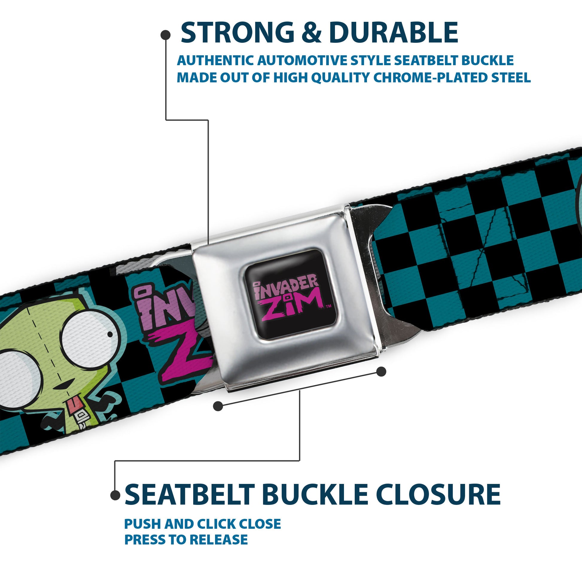 INVADER ZIM Title Logo Full Color Pink/Green Seatbelt Belt - INVADER ZIM GIR Poses and Title Logo Checker Blue/Black Webbing Seatbelt Belts Invader Zim