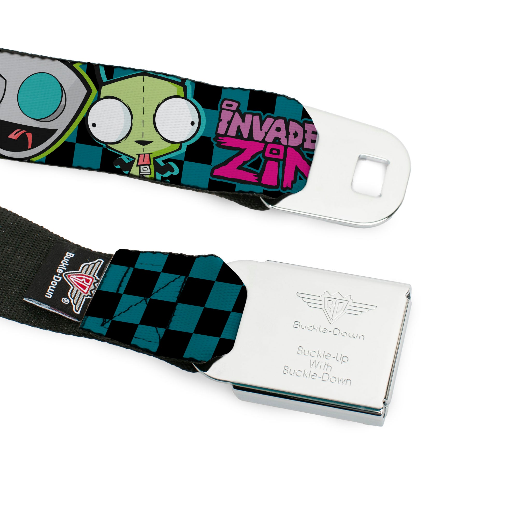 INVADER ZIM Title Logo Full Color Pink/Green Seatbelt Belt - INVADER ZIM GIR Poses and Title Logo Checker Blue/Black Webbing Seatbelt Belts Invader Zim