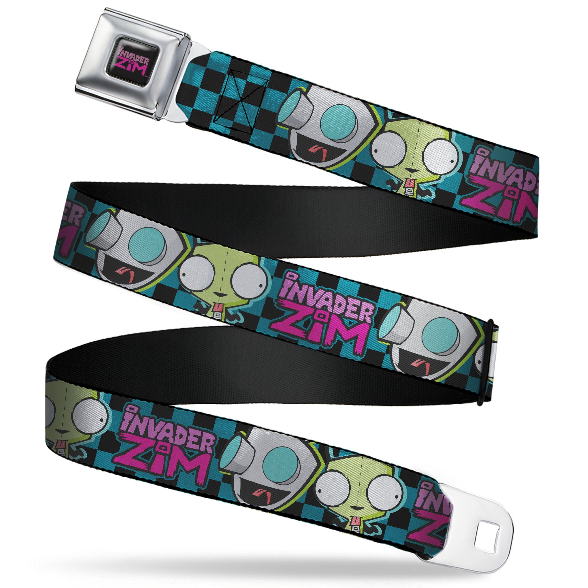 INVADER ZIM Title Logo Full Color Pink/Green Seatbelt Belt - INVADER ZIM GIR Poses and Title Logo Checker Blue/Black Webbing Seatbelt Belts Invader Zim