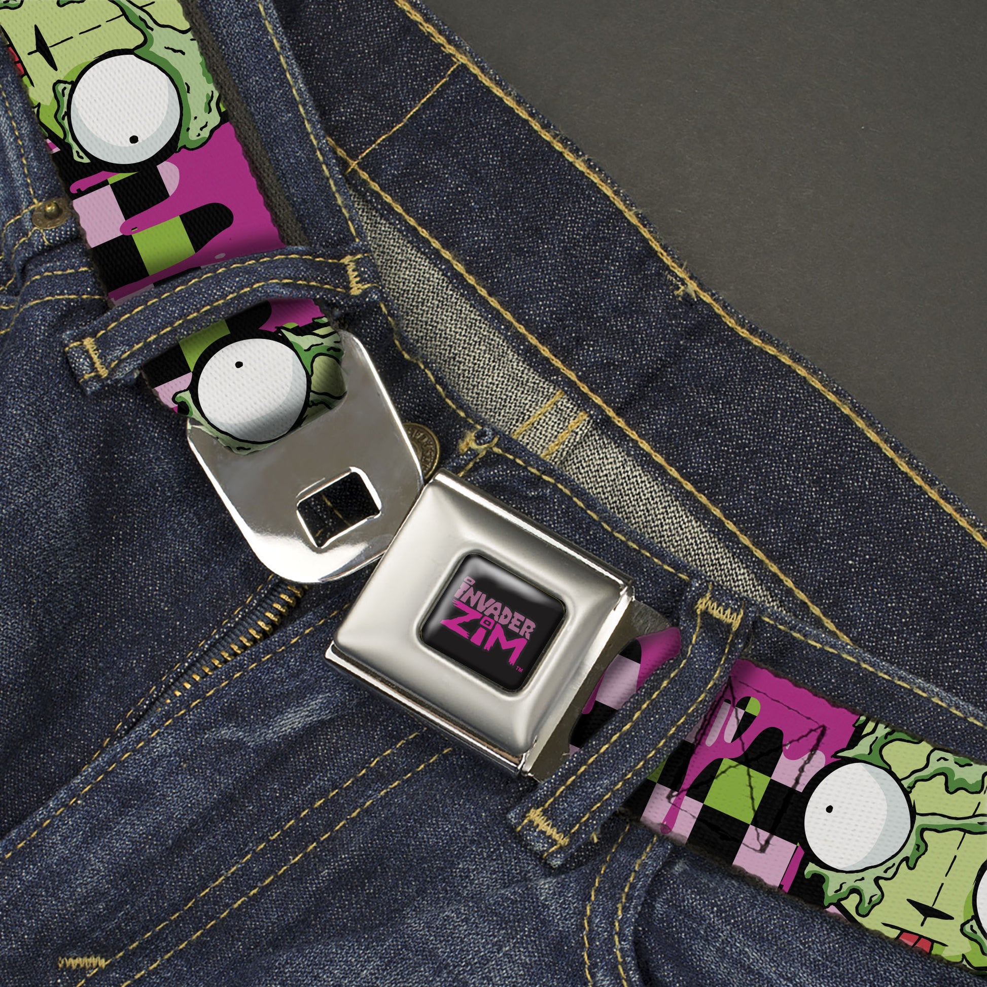 INVADER ZIM Title Logo Full Color Pink/Green Seatbelt Belt - Invader Zim Disguised GIR Slimed Checker Pink/Green/Black Webbing Seatbelt Belts Invader Zim