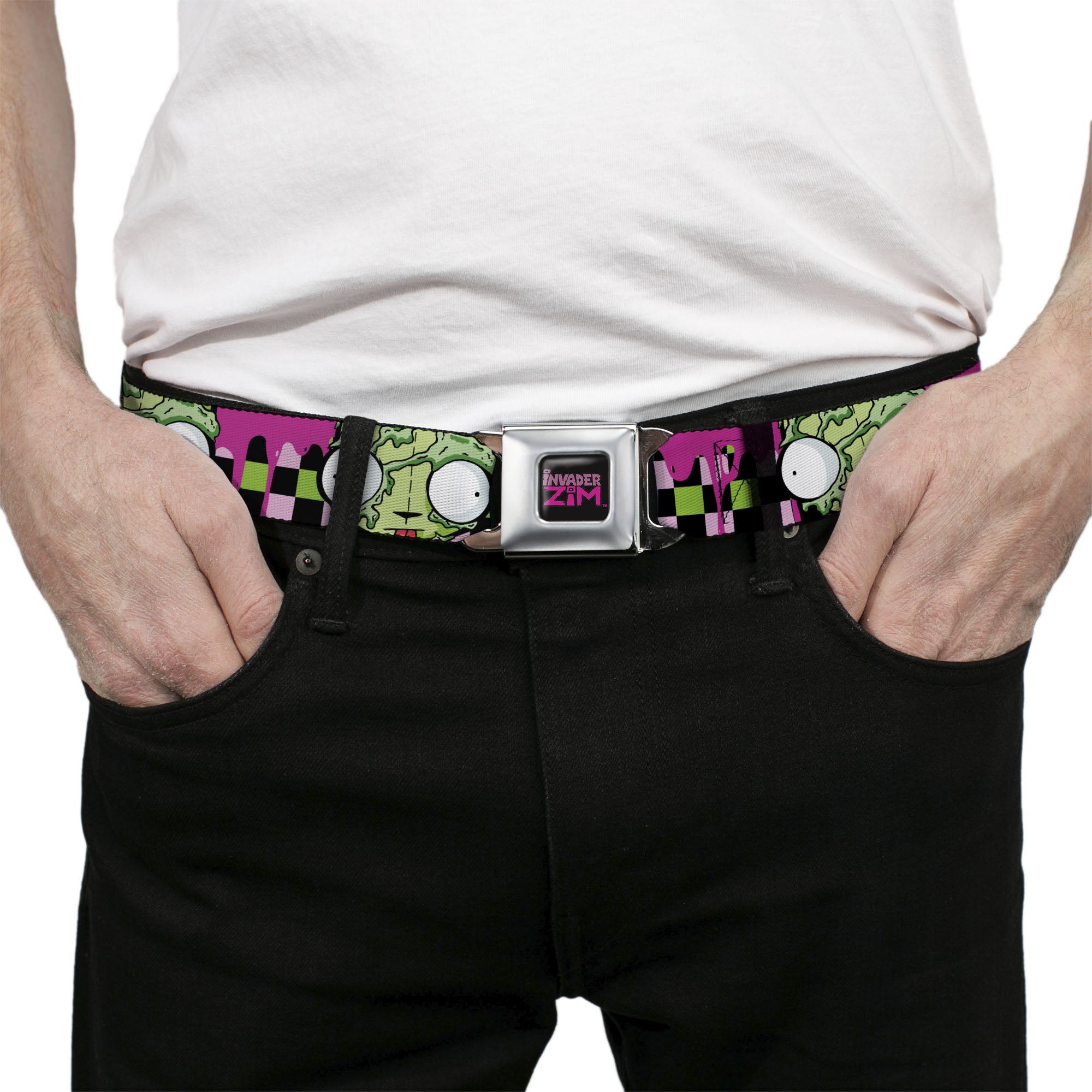 INVADER ZIM Title Logo Full Color Pink/Green Seatbelt Belt - Invader Zim Disguised GIR Slimed Checker Pink/Green/Black Webbing Seatbelt Belts Invader Zim