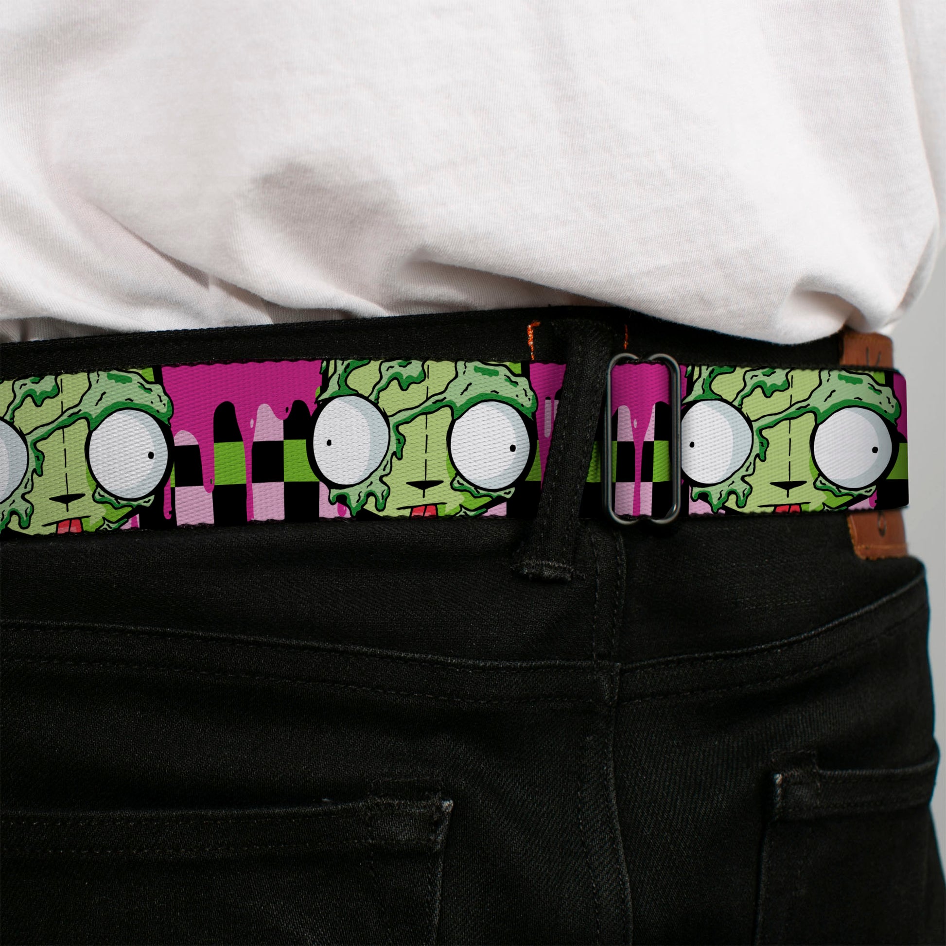 INVADER ZIM Title Logo Full Color Pink/Green Seatbelt Belt - Invader Zim Disguised GIR Slimed Checker Pink/Green/Black Webbing Seatbelt Belts Invader Zim