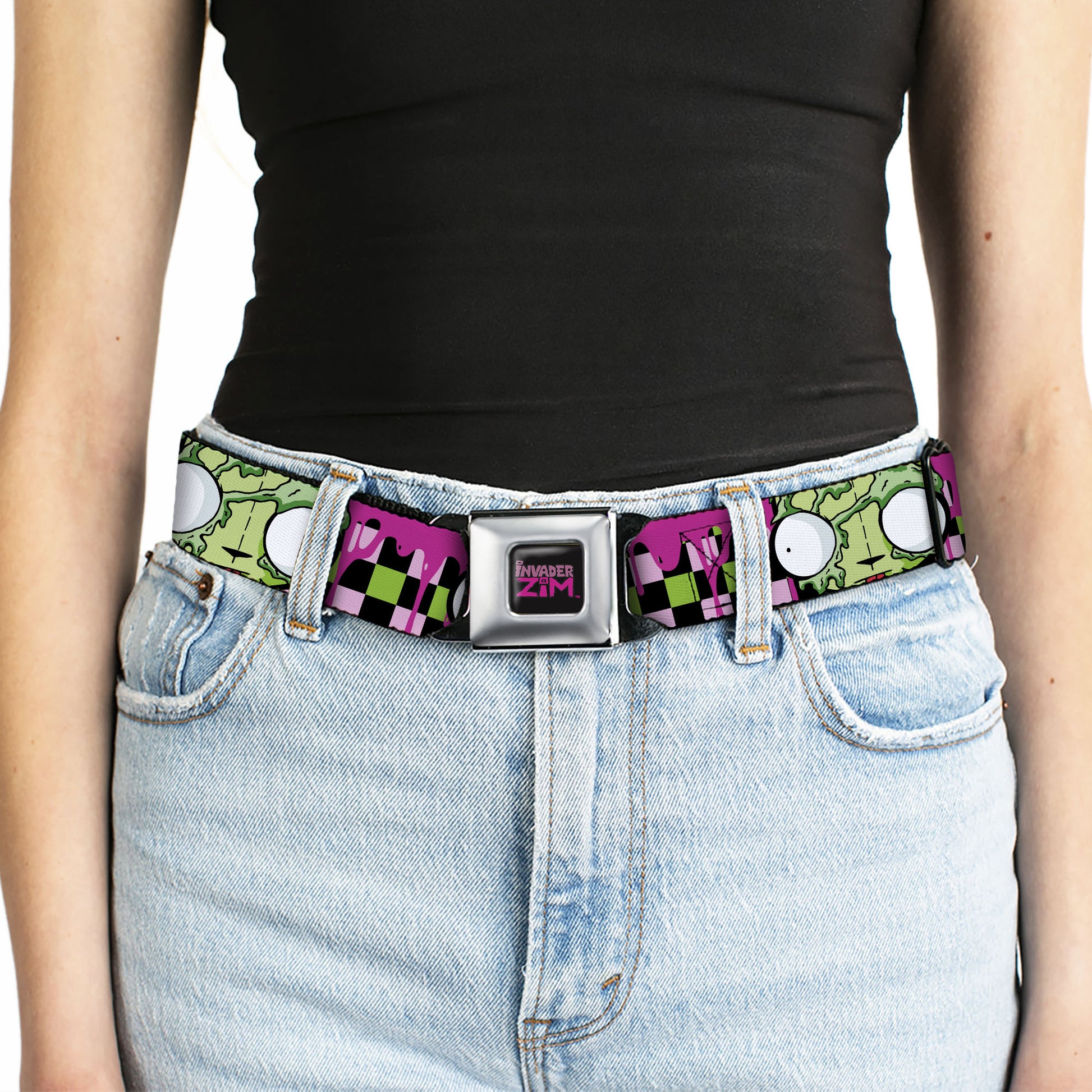 INVADER ZIM Title Logo Full Color Pink/Green Seatbelt Belt - Invader Zim Disguised GIR Slimed Checker Pink/Green/Black Webbing Seatbelt Belts Invader Zim
