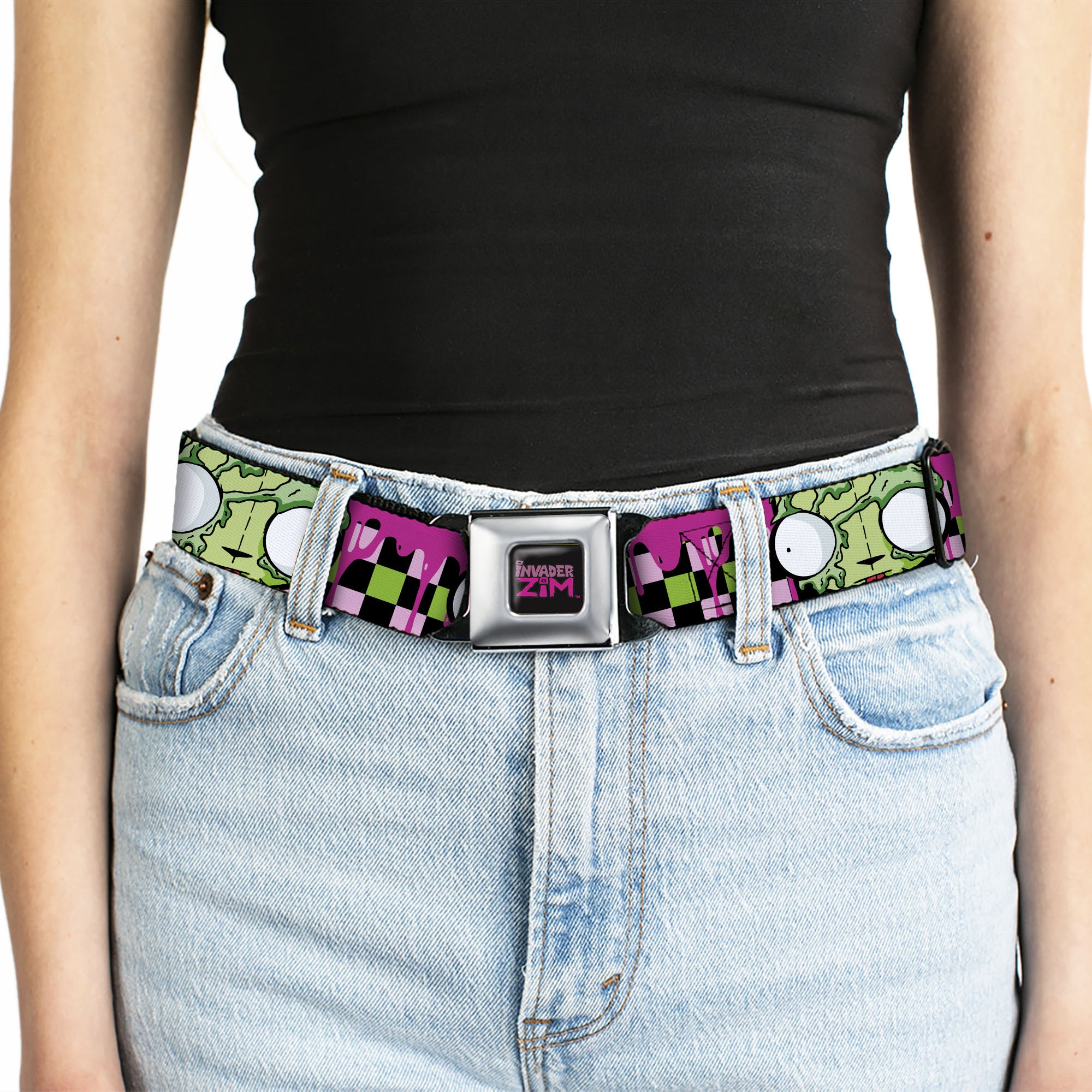 INVADER ZIM Title Logo Full Color Pink/Green Seatbelt Belt - Invader Zim Disguised GIR Slimed Checker Pink/Green/Black Webbing Seatbelt Belts Invader Zim