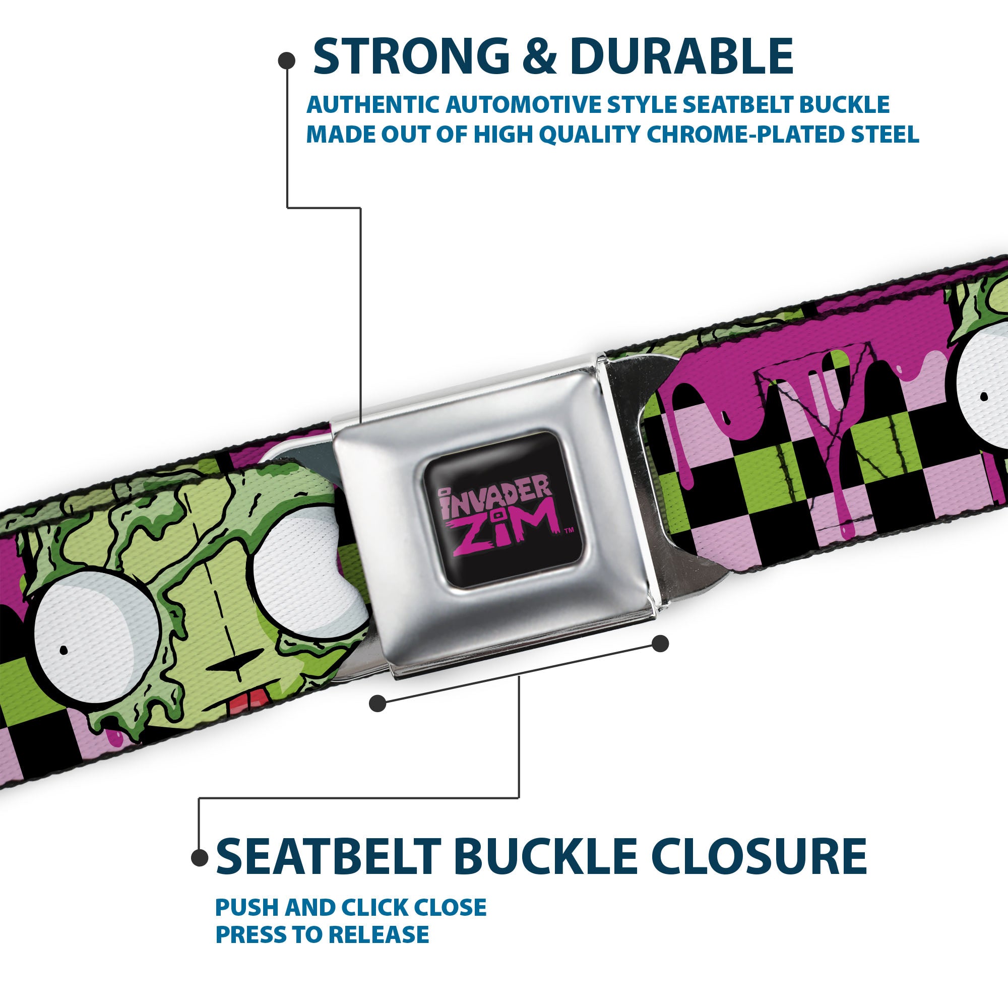INVADER ZIM Title Logo Full Color Pink/Green Seatbelt Belt - Invader Zim Disguised GIR Slimed Checker Pink/Green/Black Webbing Seatbelt Belts Invader Zim