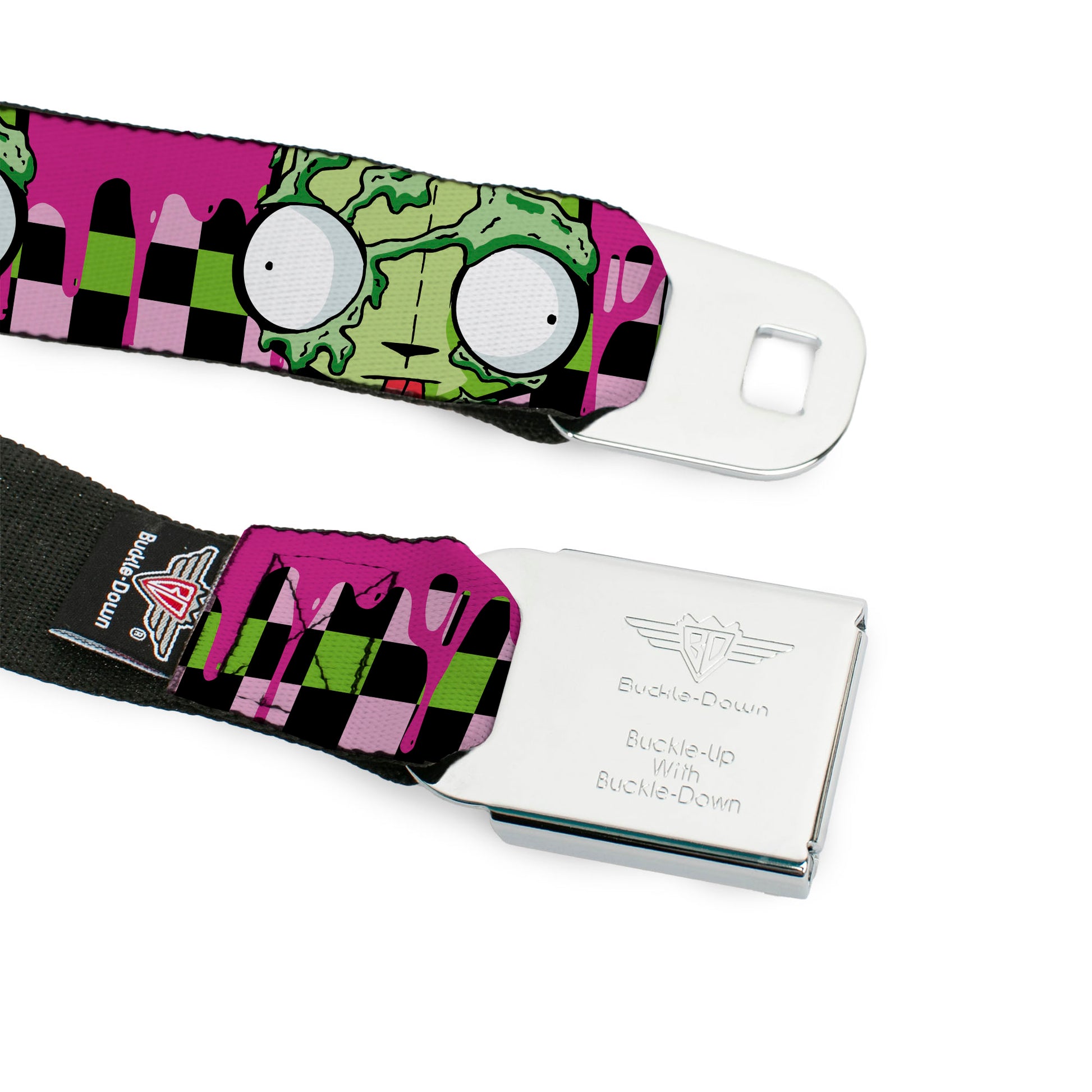 INVADER ZIM Title Logo Full Color Pink/Green Seatbelt Belt - Invader Zim Disguised GIR Slimed Checker Pink/Green/Black Webbing Seatbelt Belts Invader Zim