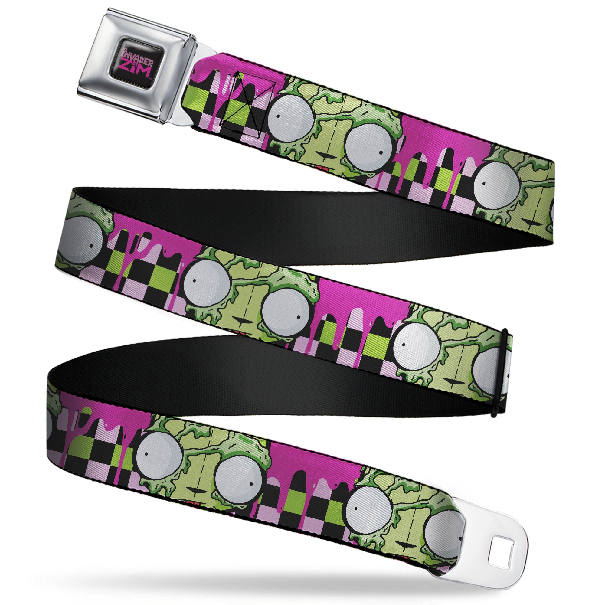 INVADER ZIM Title Logo Full Color Pink/Green Seatbelt Belt - Invader Zim Disguised GIR Slimed Checker Pink/Green/Black Webbing Seatbelt Belts Invader Zim