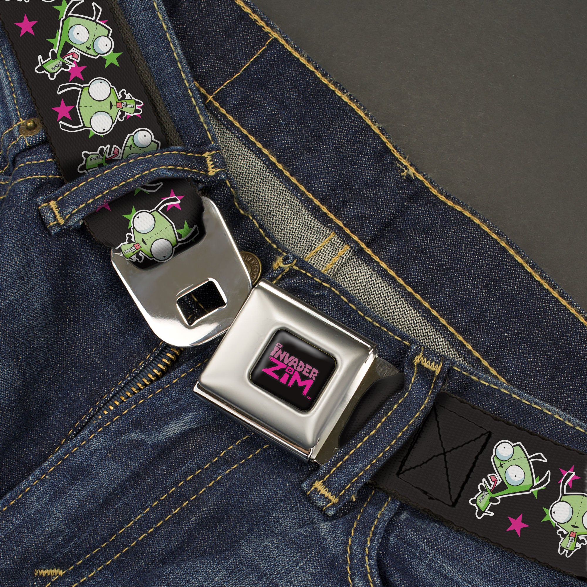 INVADER ZIM Title Logo Full Color Pink/Green Seatbelt Belt - Invader Zim GIR Poses and Stars Scattered Black/Pink Webbing Seatbelt Belts Invader Zim