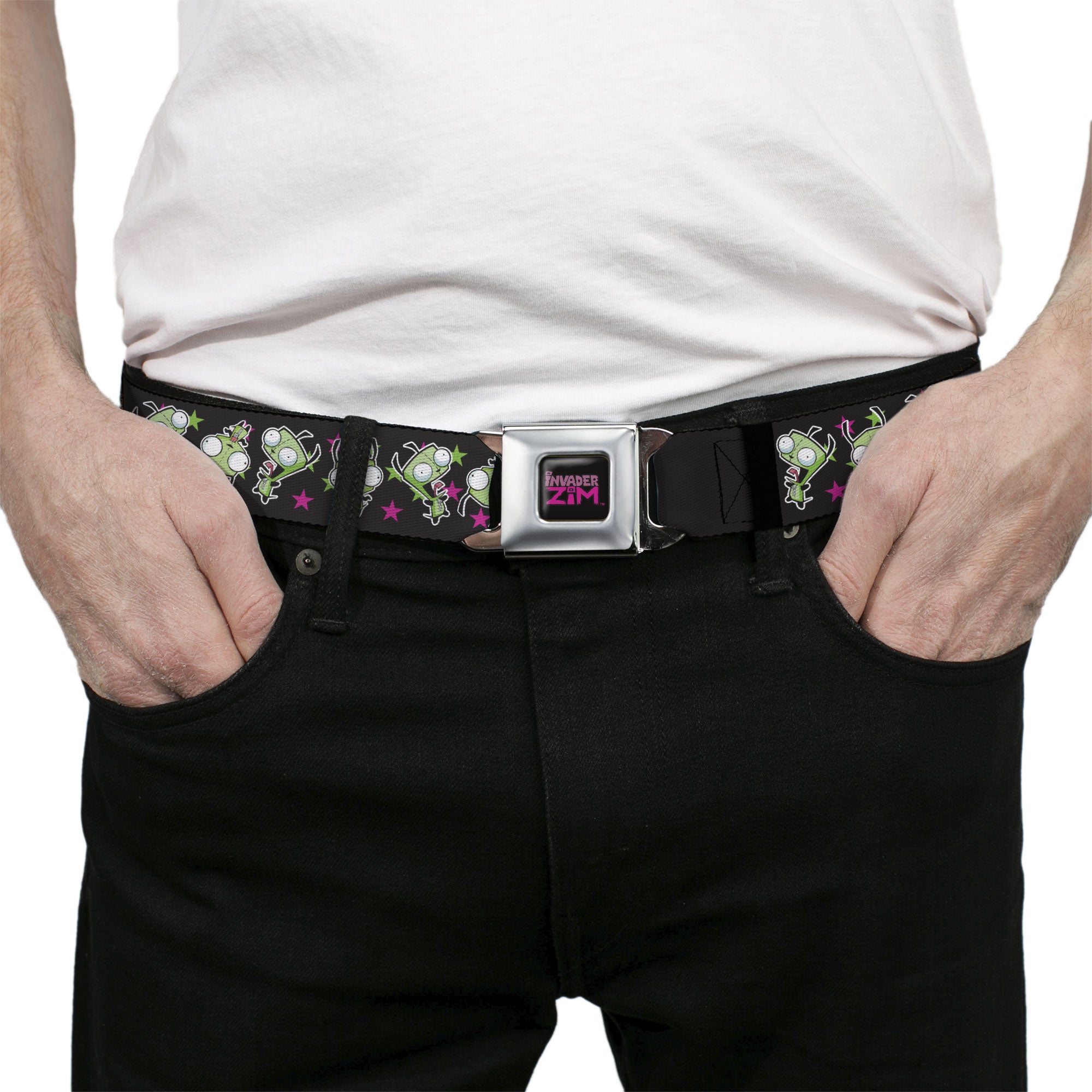 INVADER ZIM Title Logo Full Color Pink/Green Seatbelt Belt - Invader Zim GIR Poses and Stars Scattered Black/Pink Webbing Seatbelt Belts Invader Zim