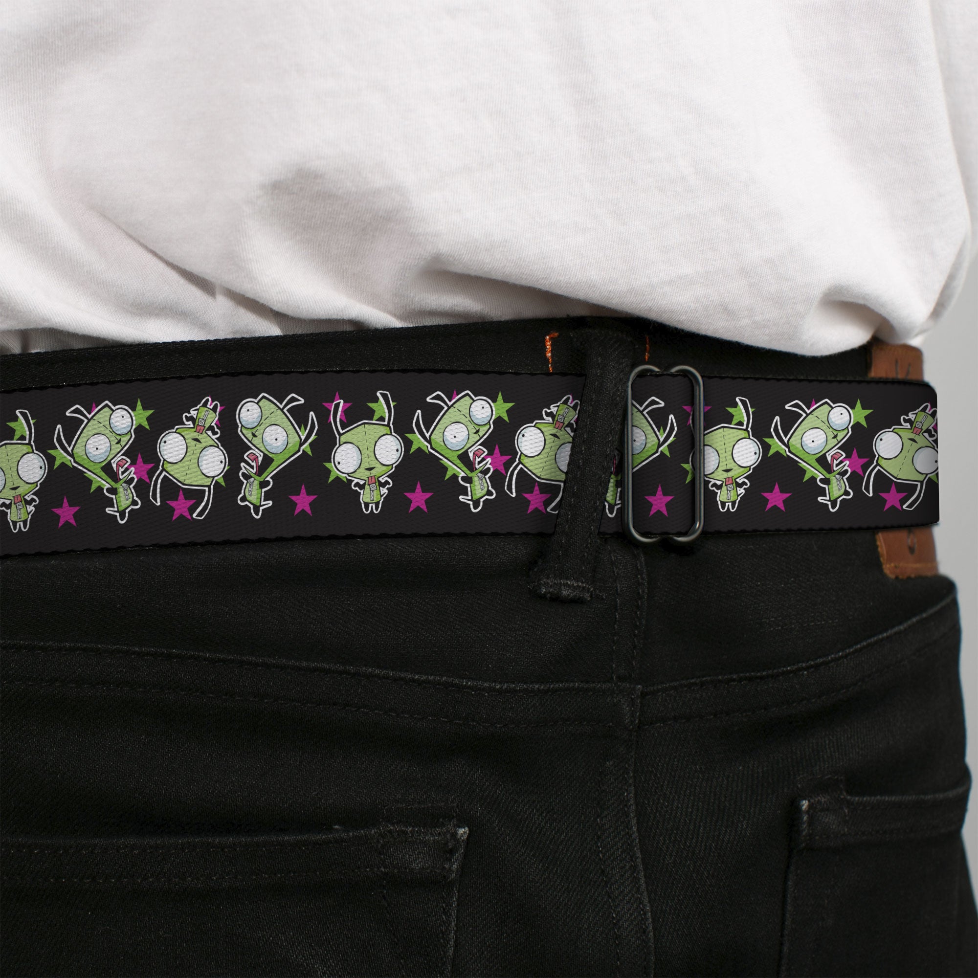 INVADER ZIM Title Logo Full Color Pink/Green Seatbelt Belt - Invader Zim GIR Poses and Stars Scattered Black/Pink Webbing Seatbelt Belts Invader Zim