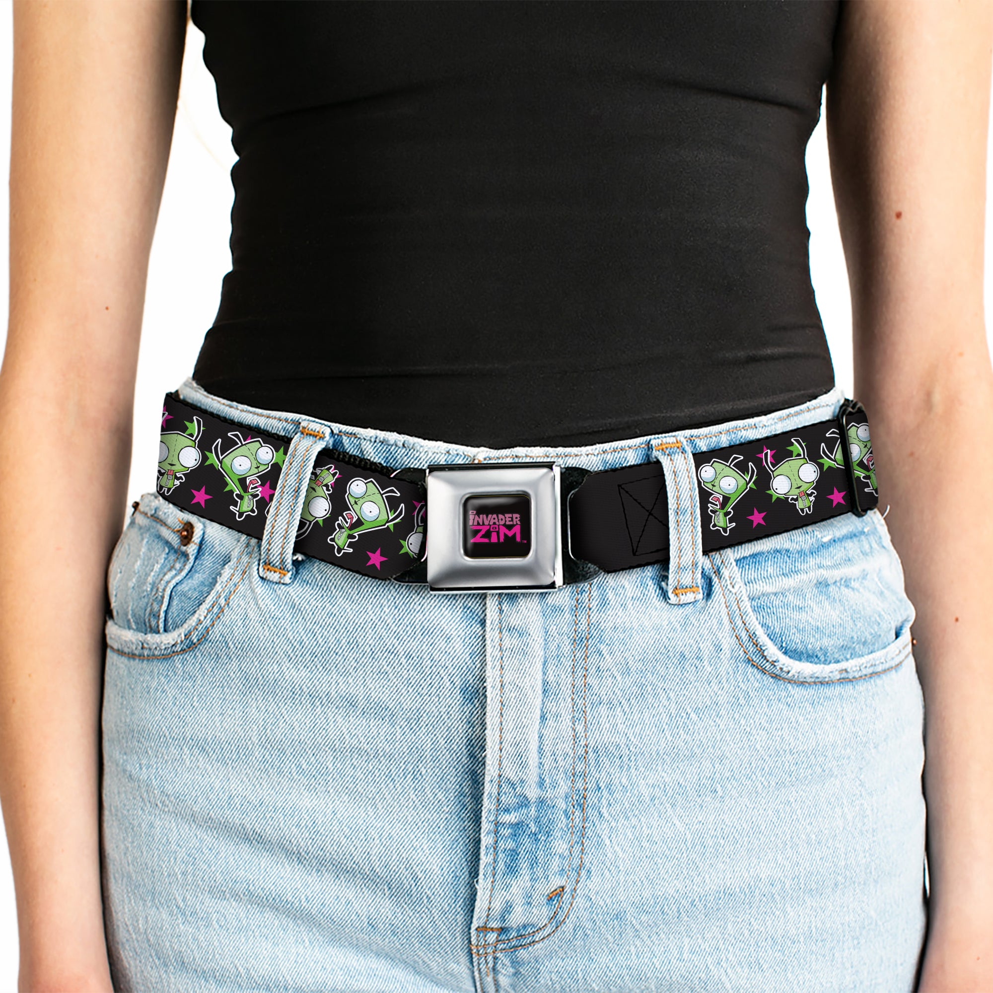 INVADER ZIM Title Logo Full Color Pink/Green Seatbelt Belt - Invader Zim GIR Poses and Stars Scattered Black/Pink Webbing Seatbelt Belts Invader Zim