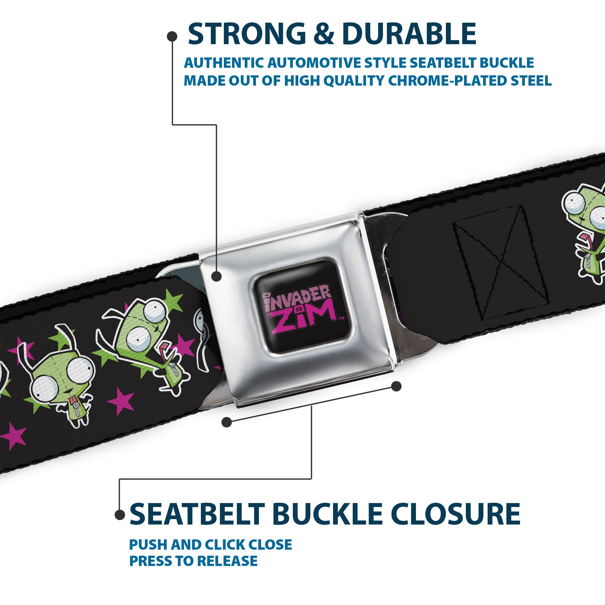 INVADER ZIM Title Logo Full Color Pink/Green Seatbelt Belt - Invader Zim GIR Poses and Stars Scattered Black/Pink Webbing Seatbelt Belts Invader Zim