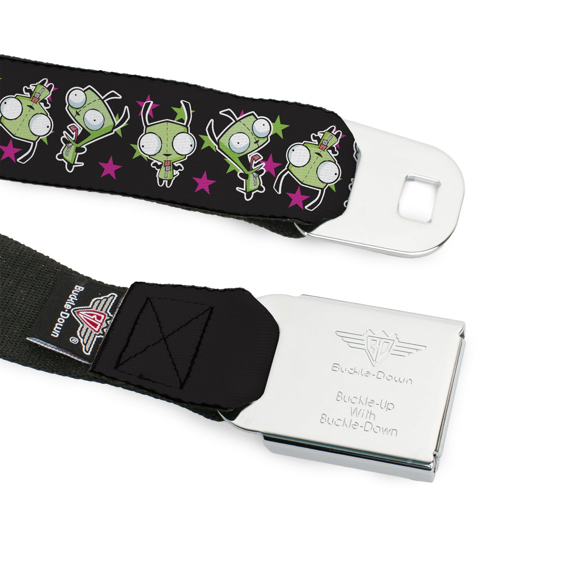 INVADER ZIM Title Logo Full Color Pink/Green Seatbelt Belt - Invader Zim GIR Poses and Stars Scattered Black/Pink Webbing Seatbelt Belts Invader Zim