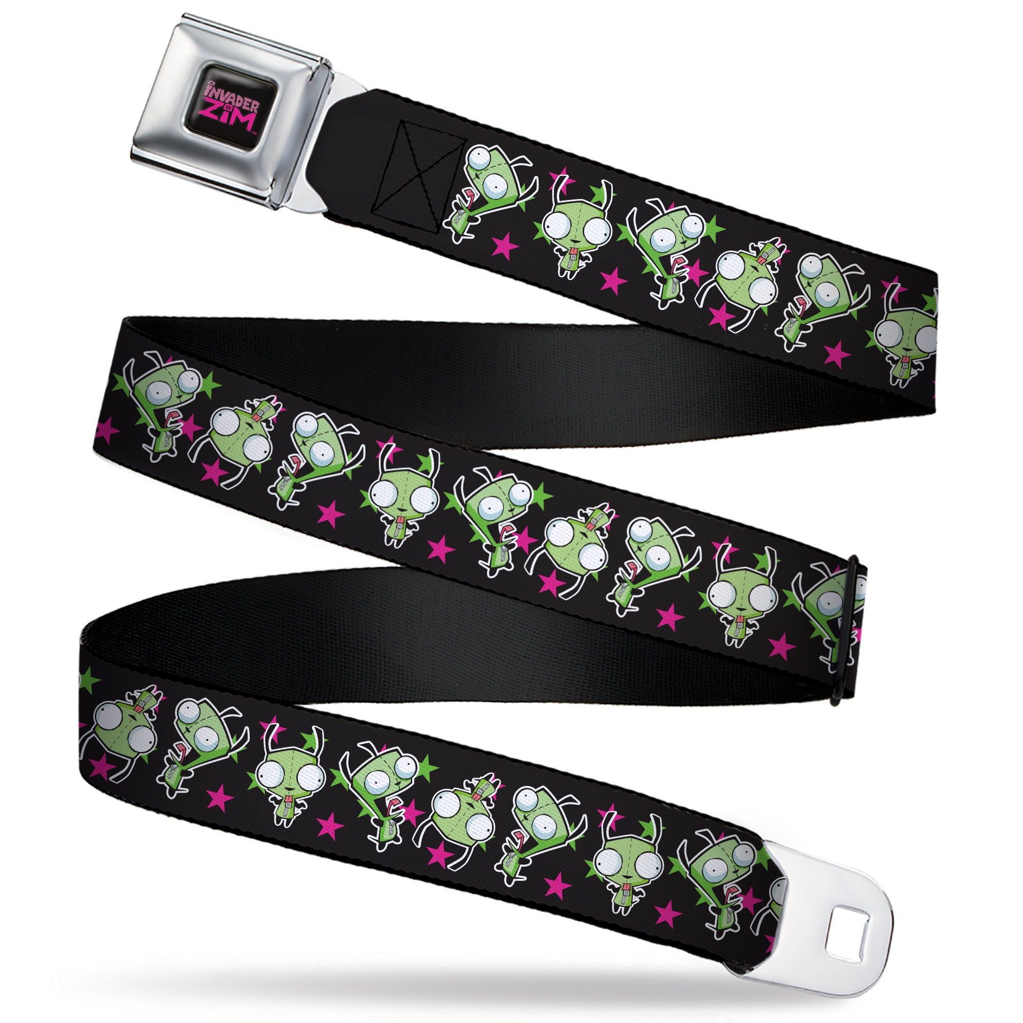 INVADER ZIM Title Logo Full Color Pink/Green Seatbelt Belt - Invader Zim GIR Poses and Stars Scattered Black/Pink Webbing Seatbelt Belts Invader Zim