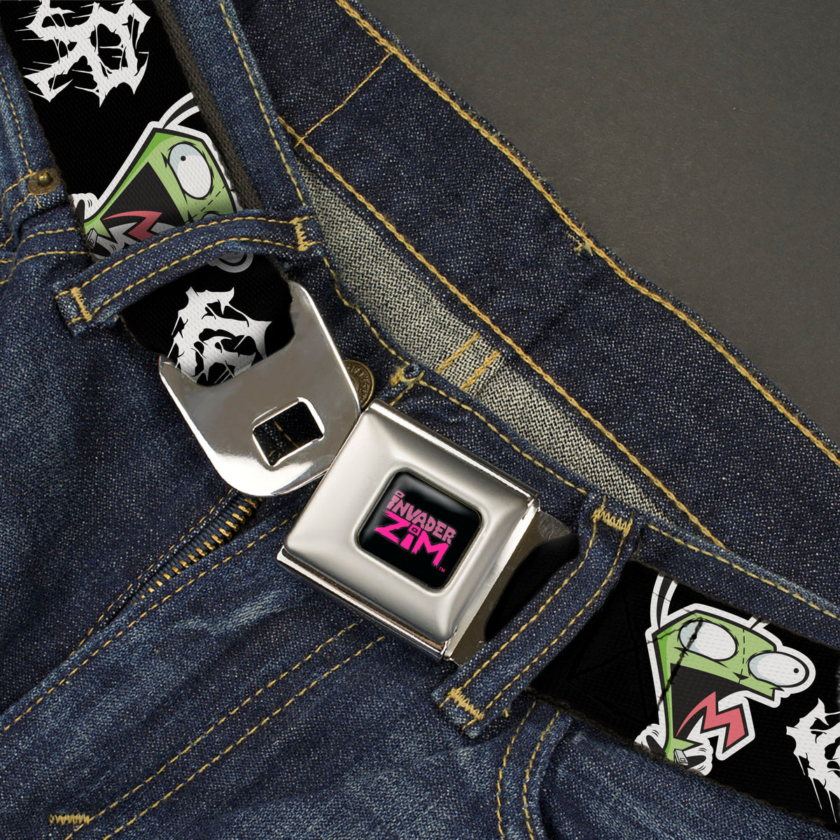 INVADER ZIM Title Logo Full Color Pink/Green Seatbelt Belt - Invader Zim GIR Outburst Pose and Text Black/White Webbing Seatbelt Belts Invader Zim