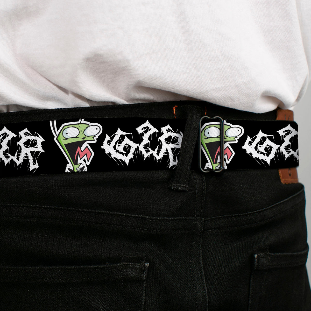 INVADER ZIM Title Logo Full Color Pink/Green Seatbelt Belt - Invader Zim GIR Outburst Pose and Text Black/White Webbing Seatbelt Belts Invader Zim