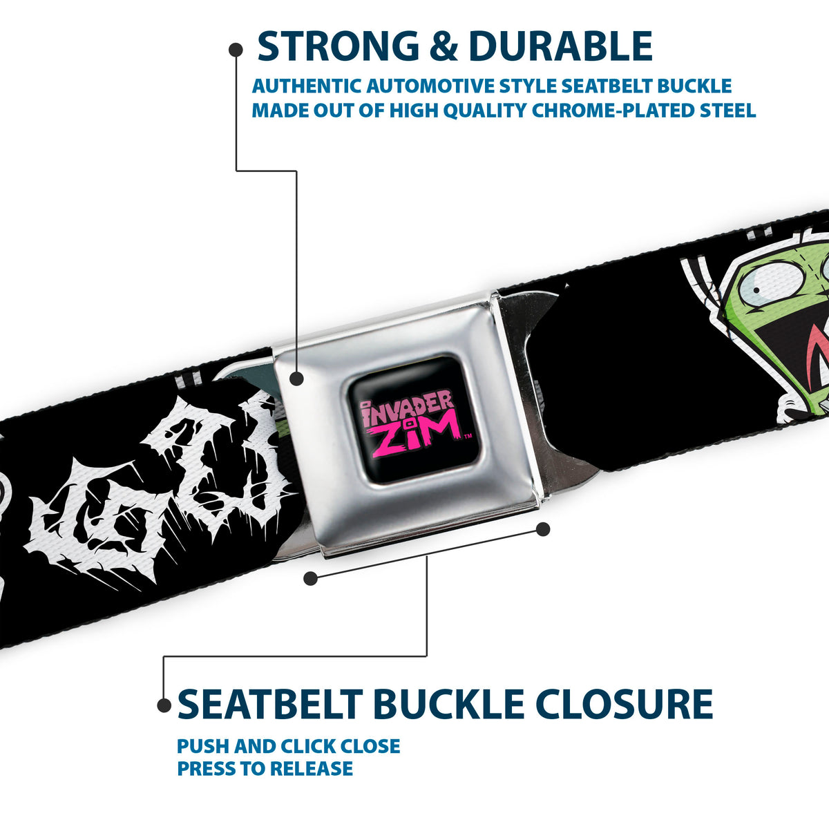 INVADER ZIM Title Logo Full Color Pink/Green Seatbelt Belt - Invader Zim GIR Outburst Pose and Text Black/White Webbing Seatbelt Belts Invader Zim