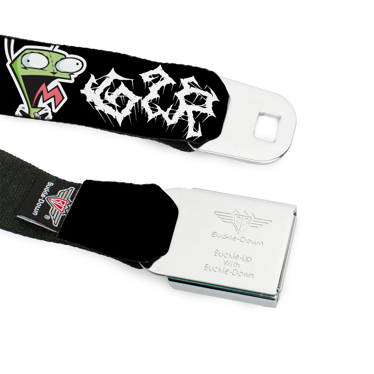 INVADER ZIM Title Logo Full Color Pink/Green Seatbelt Belt - Invader Zim GIR Outburst Pose and Text Black/White Webbing Seatbelt Belts Invader Zim