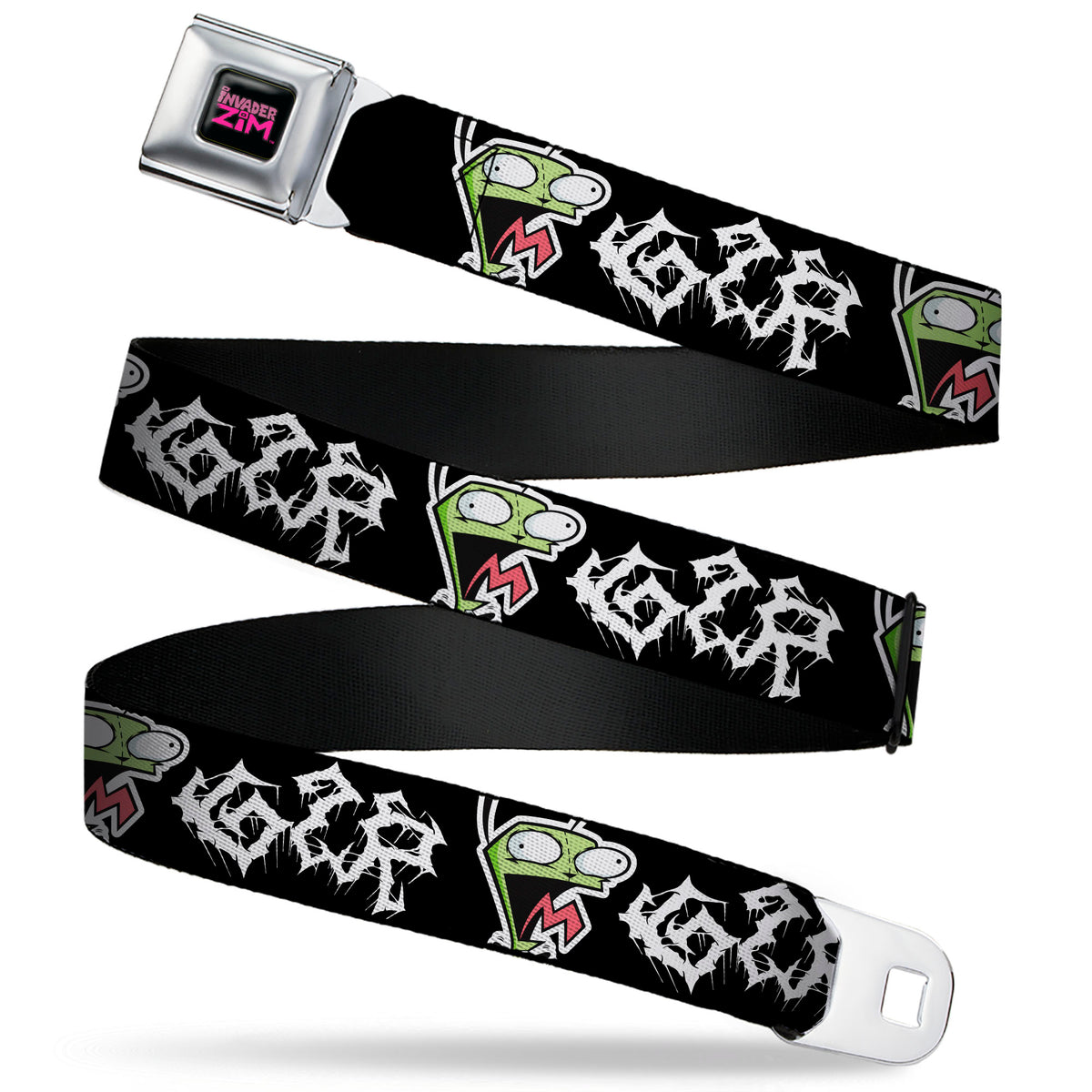 INVADER ZIM Title Logo Full Color Pink/Green Seatbelt Belt - Invader Zim GIR Outburst Pose and Text Black/White Webbing Seatbelt Belts Invader Zim
