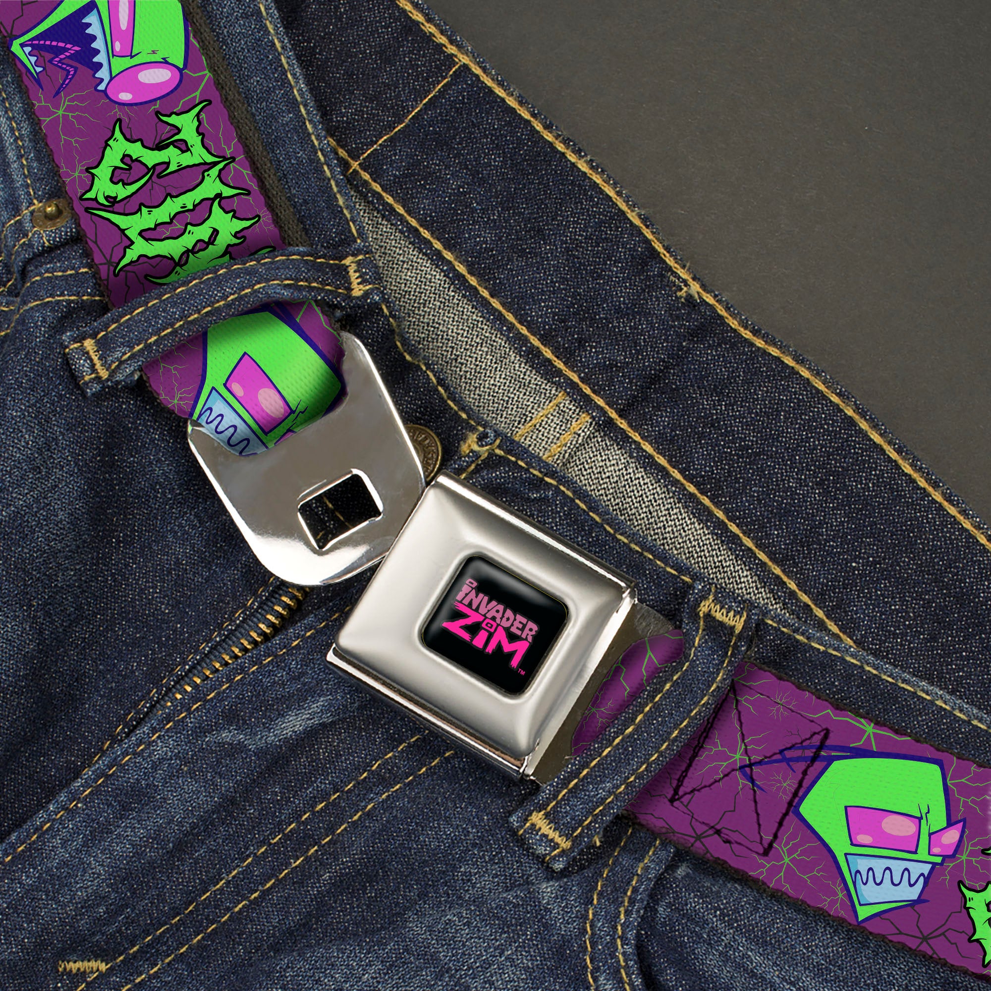 INVADER ZIM Title Logo Full Color Pink/Green Seatbelt Belt - Invader Zim ZIM Poses and Text Plum/Green Webbing
