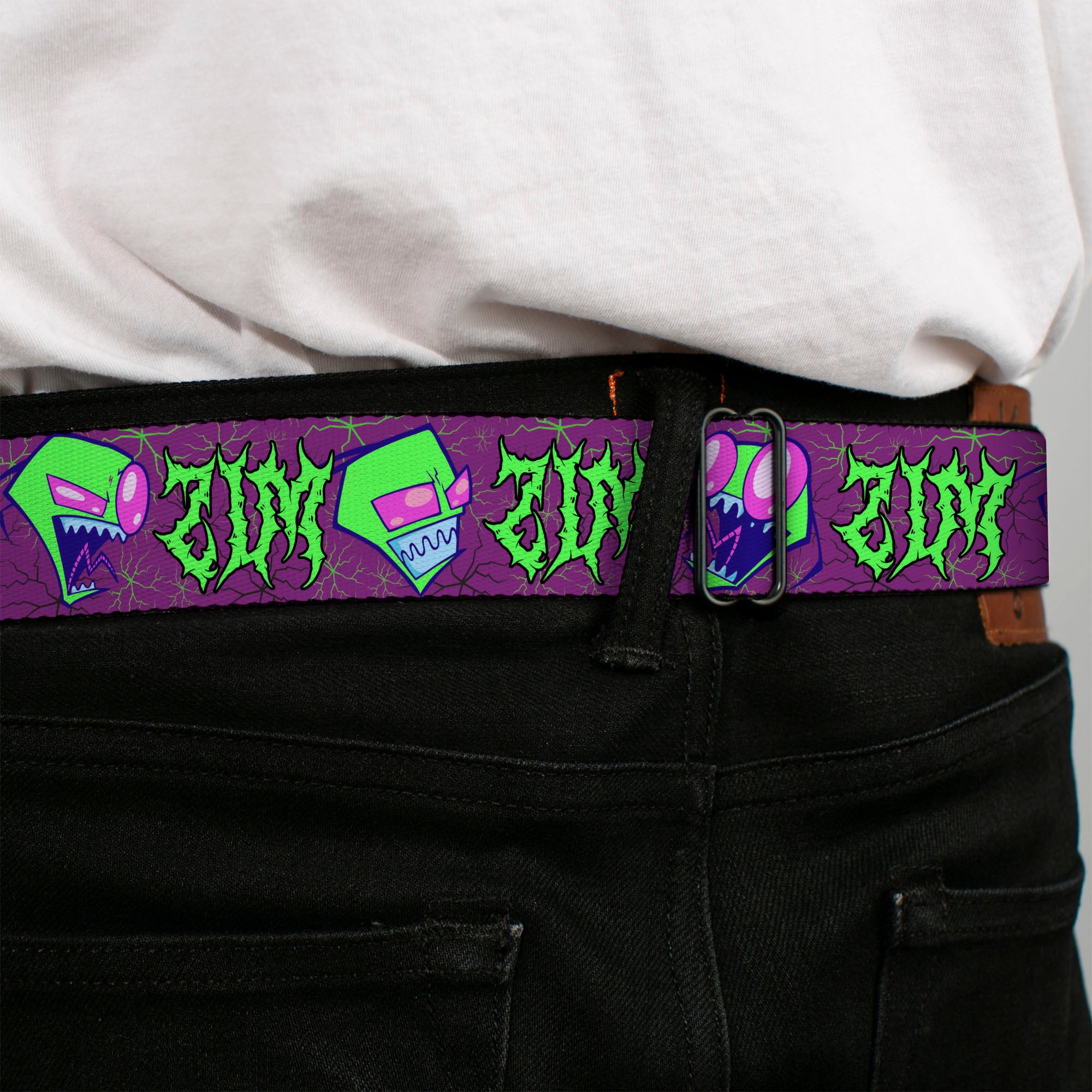 INVADER ZIM Title Logo Full Color Pink/Green Seatbelt Belt - Invader Zim ZIM Poses and Text Plum/Green Webbing