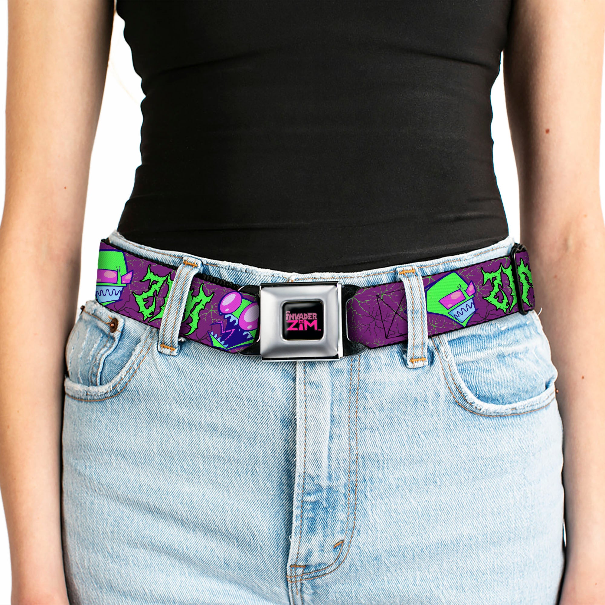 INVADER ZIM Title Logo Full Color Pink/Green Seatbelt Belt - Invader Zim ZIM Poses and Text Plum/Green Webbing
