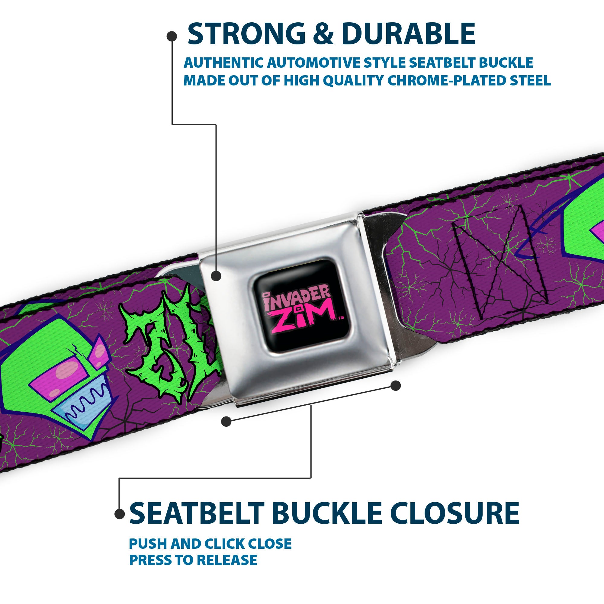 INVADER ZIM Title Logo Full Color Pink/Green Seatbelt Belt - Invader Zim ZIM Poses and Text Plum/Green Webbing