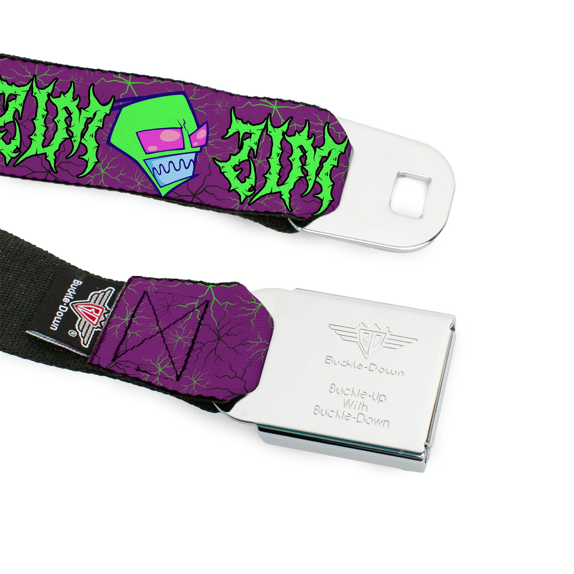 INVADER ZIM Title Logo Full Color Pink/Green Seatbelt Belt - Invader Zim ZIM Poses and Text Plum/Green Webbing