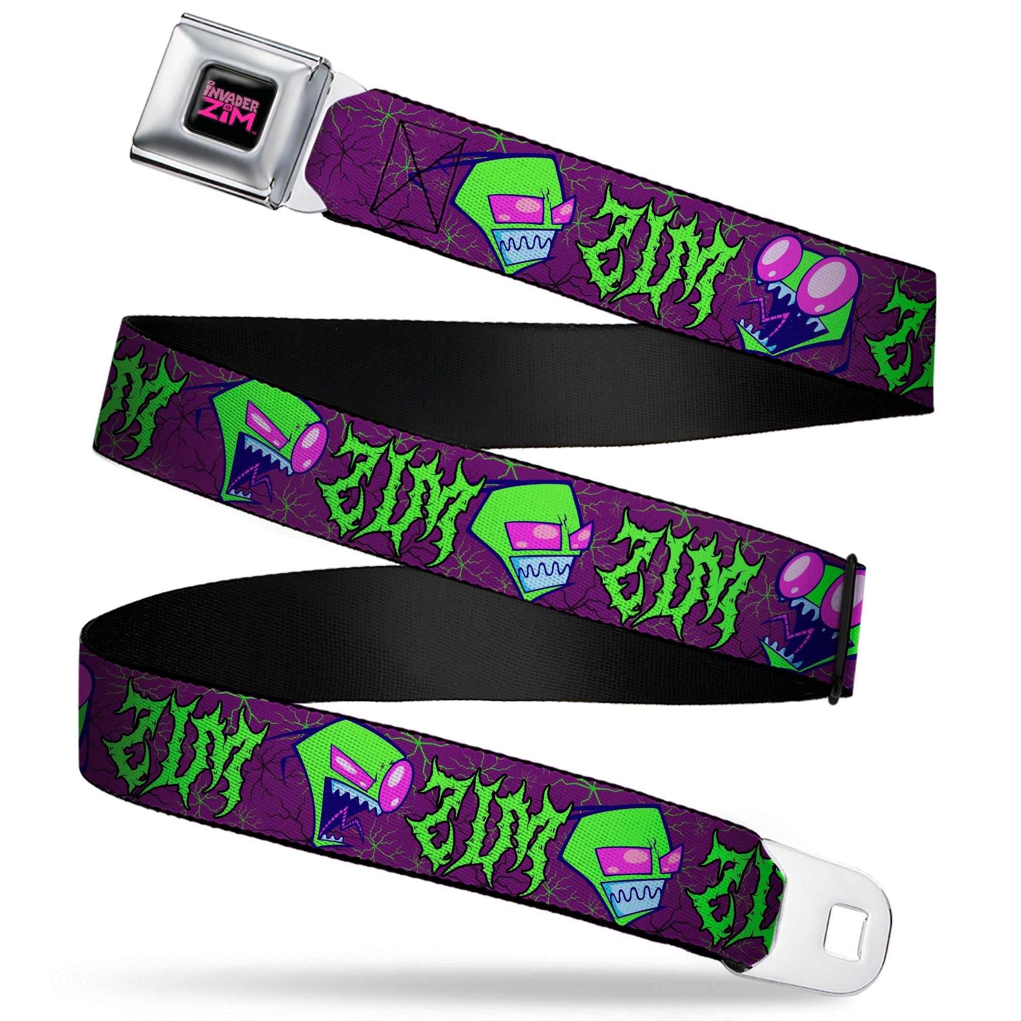 INVADER ZIM Title Logo Full Color Pink/Green Seatbelt Belt - Invader Zim ZIM Poses and Text Plum/Green Webbing