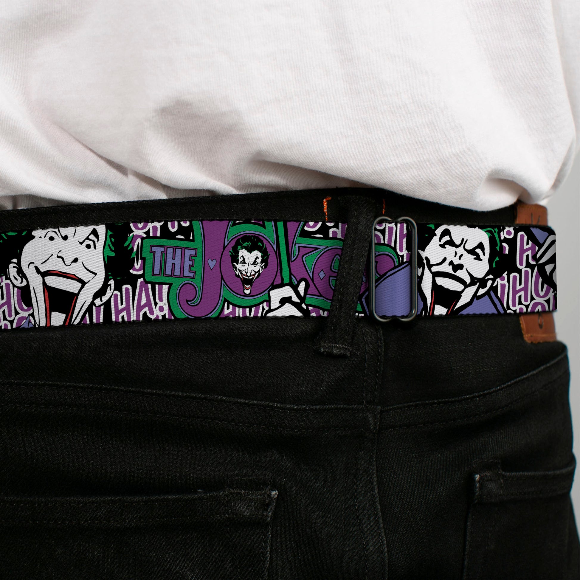Joker Face Full Color Seatbelt Belt - Joker Face/Logo/Spades Black/White/Purple Webbing Seatbelt Belts DC Comics