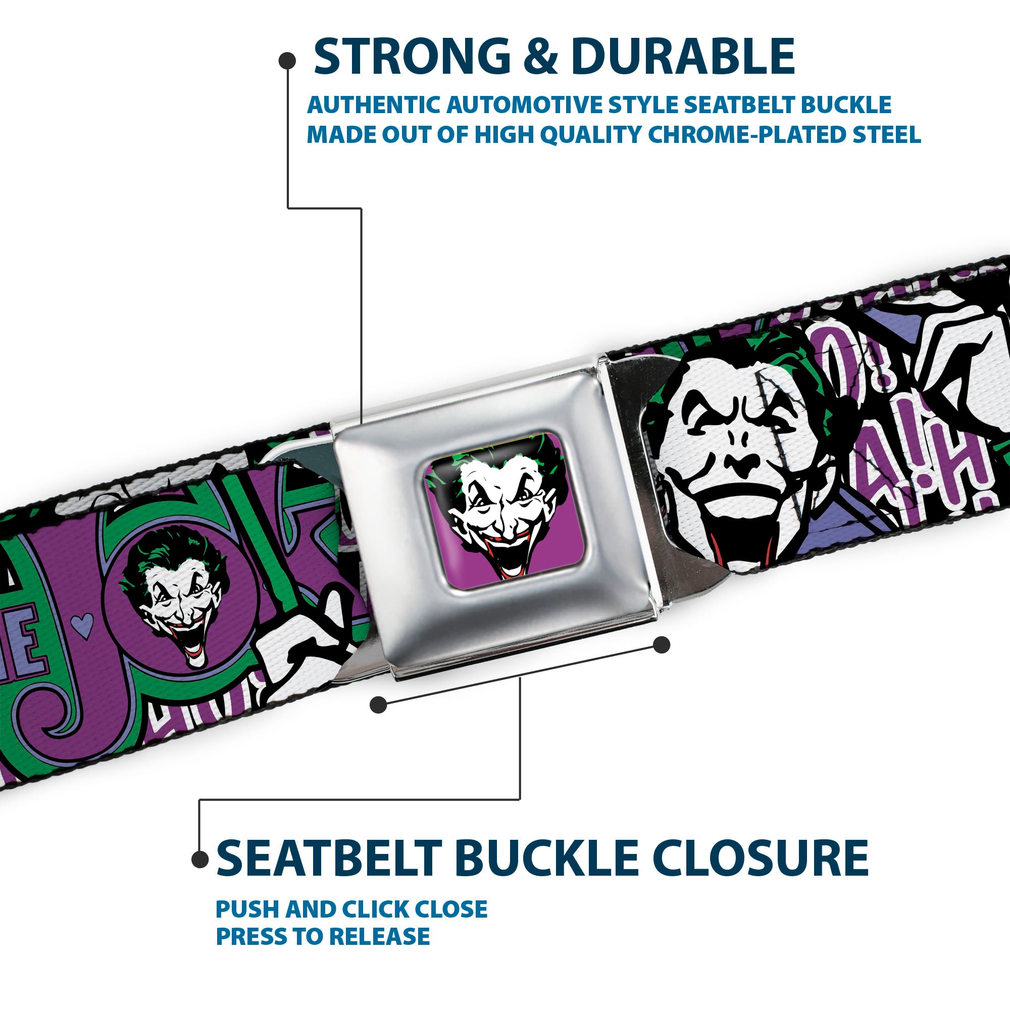 Joker Face Full Color Seatbelt Belt - Joker Face/Logo/Spades Black/White/Purple Webbing Seatbelt Belts DC Comics
