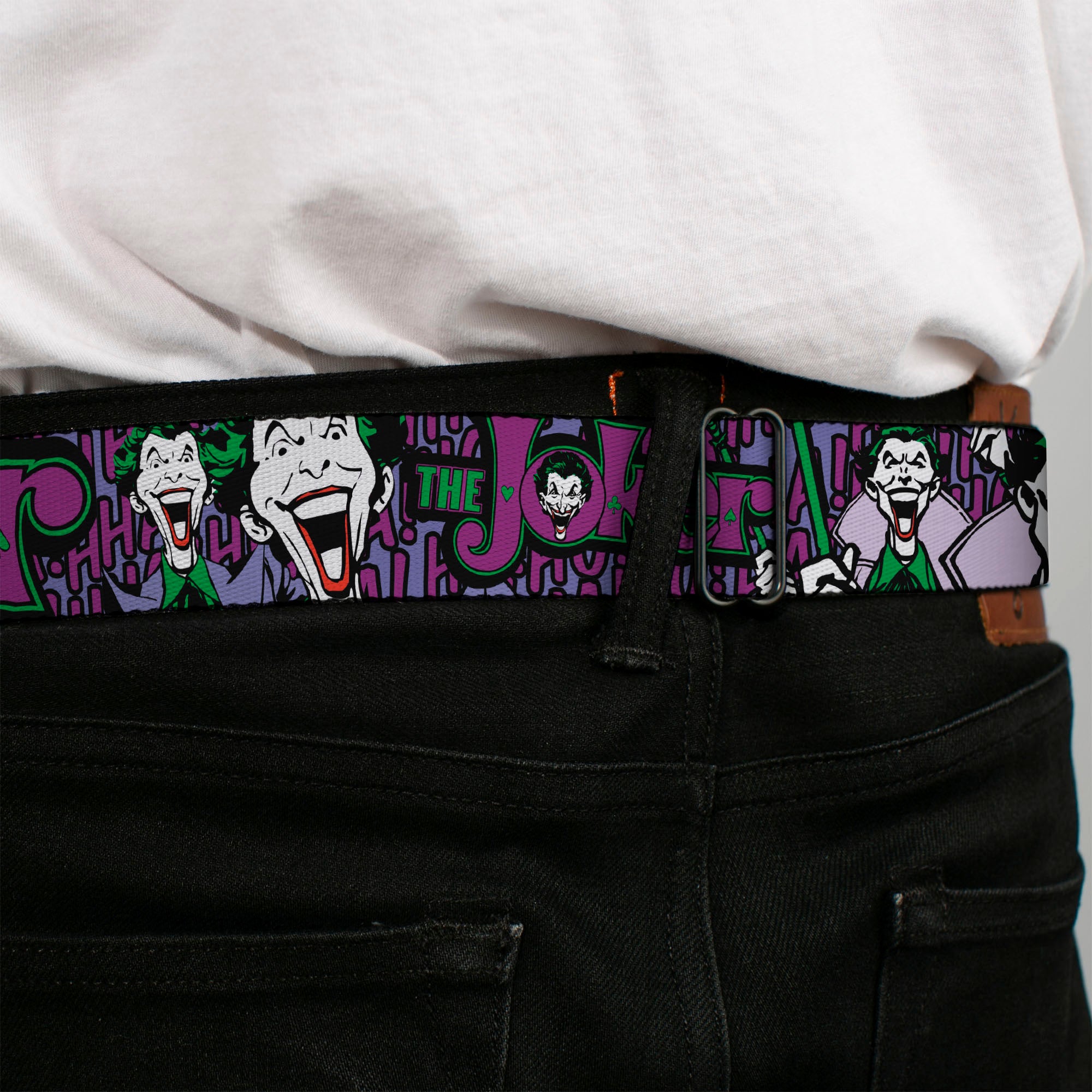 Joker Face Full Color Seatbelt Belt - Joker Face/Logo/Spades Black/Green/Purple Webbing Seatbelt Belts DC Comics