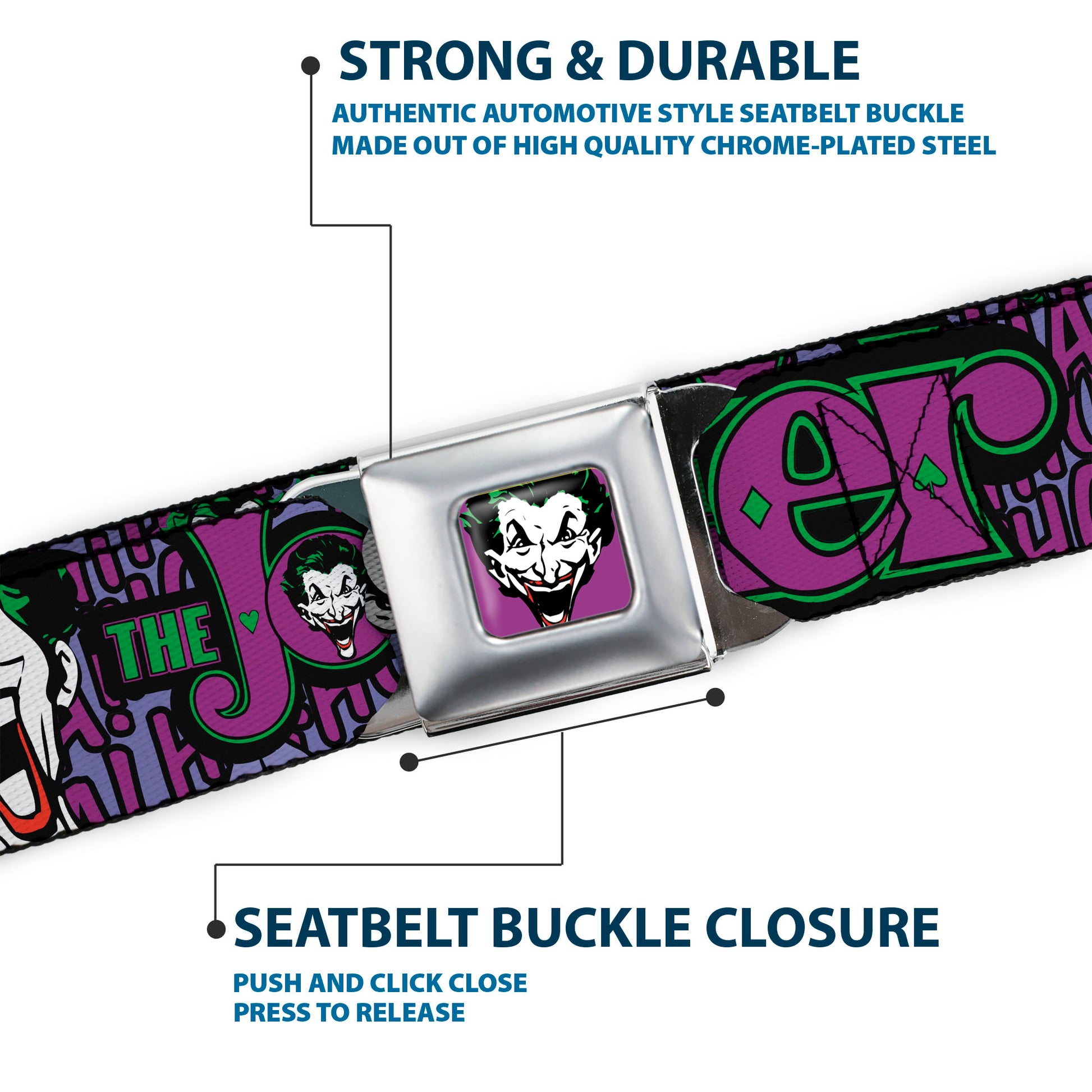 Joker Face Full Color Seatbelt Belt - Joker Face/Logo/Spades Black/Green/Purple Webbing Seatbelt Belts DC Comics