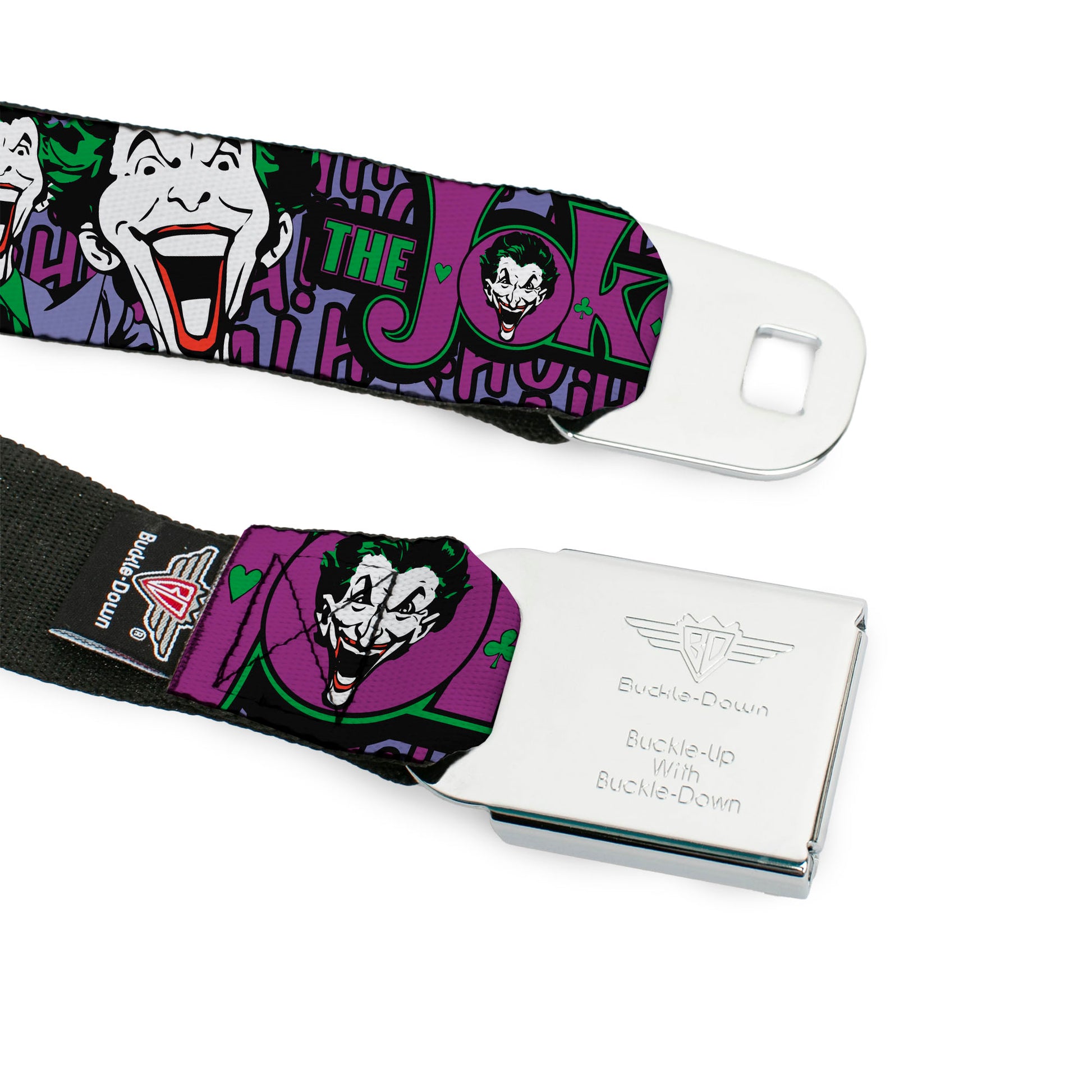 Joker Face Full Color Seatbelt Belt - Joker Face/Logo/Spades Black/Green/Purple Webbing Seatbelt Belts DC Comics