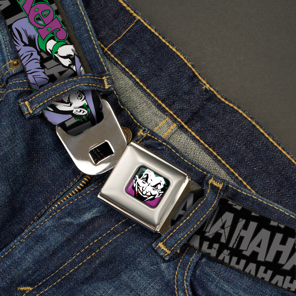 Joker Face Full Color Seatbelt Belt - The Joker Pose/Cards/HAHAHAHA Black/Gray Webbing Seatbelt Belts DC Comics