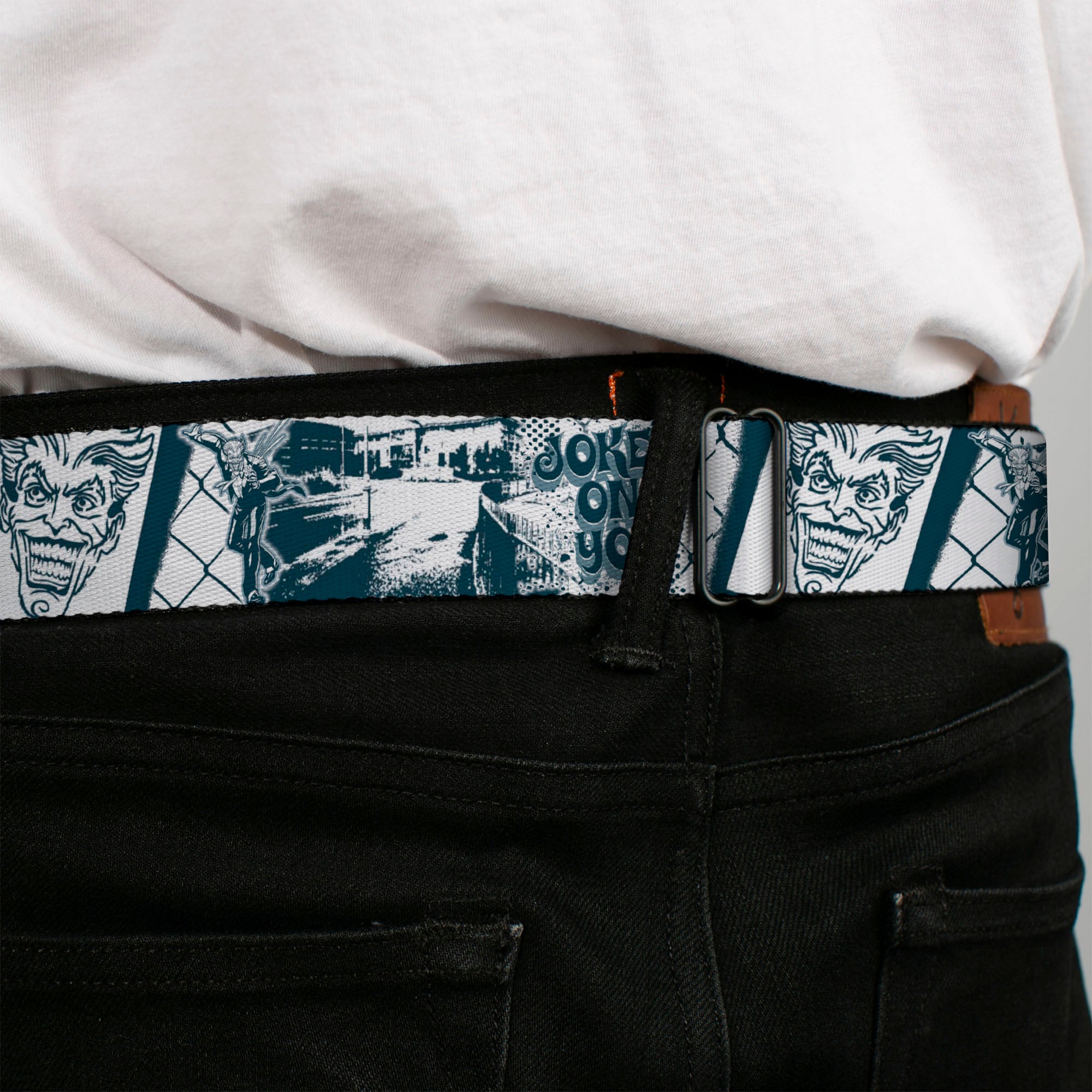 Joker Face Full Color Seatbelt Belt - Joker Spray Painted/Street Pose JOKES ON YOU White/Grays Webbing Seatbelt Belts DC Comics