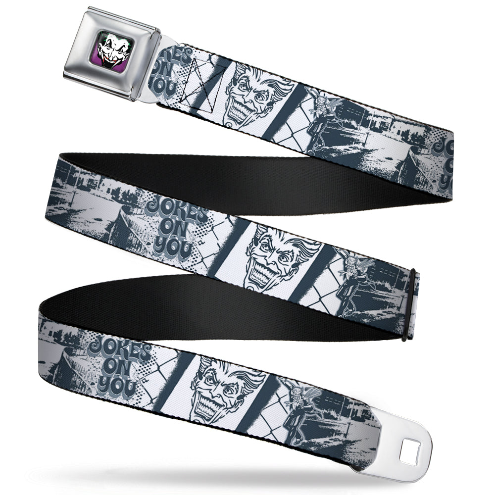 Joker Face Full Color Seatbelt Belt - Joker Spray Painted/Street Pose JOKES ON YOU White/Grays Webbing Seatbelt Belts DC Comics