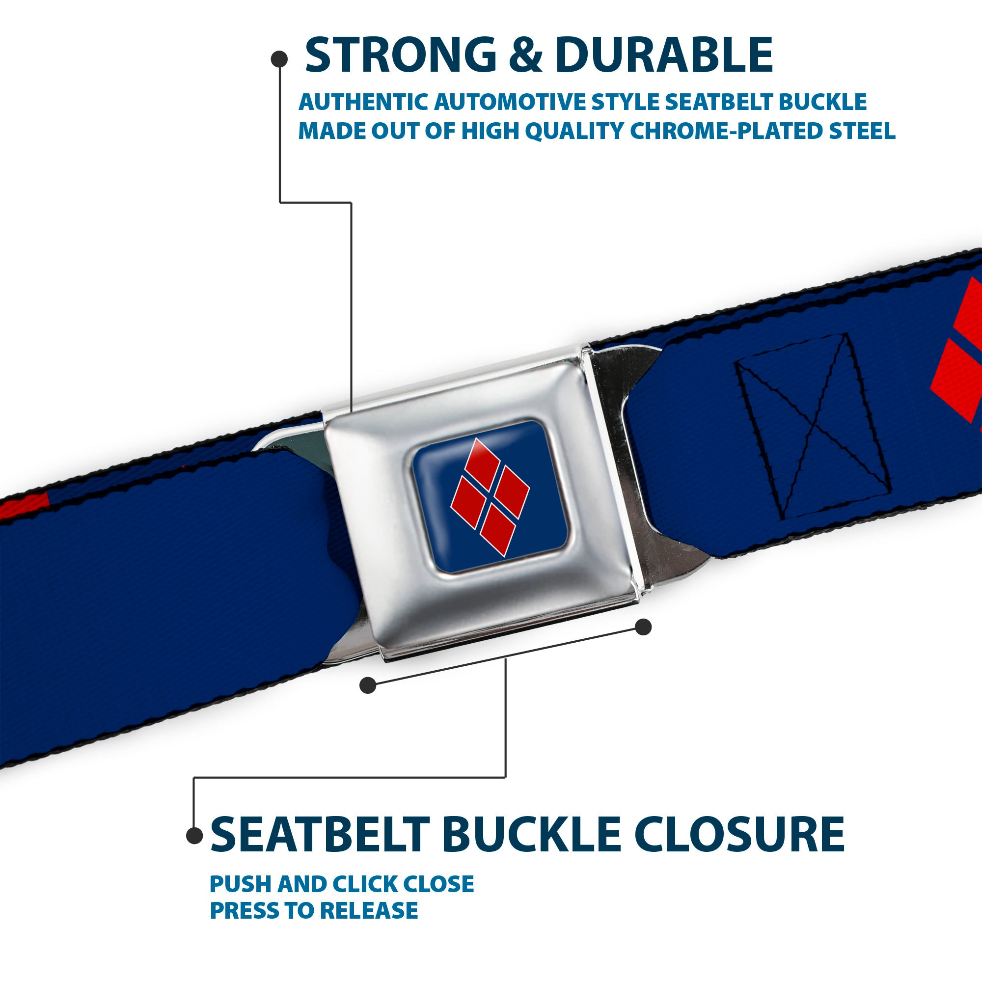 Harley Quinn Diamond Full Color Blue Red Seatbelt Belt - HARLEY QUINN/Diamonds Blue/Red/White Webbing Seatbelt Belts DC Comics