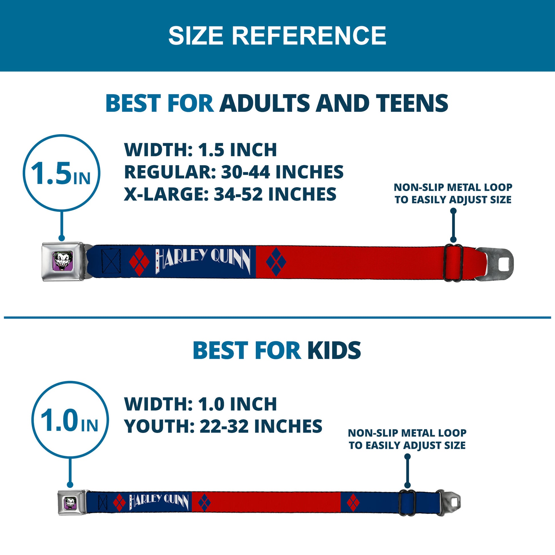 Harley Quinn Diamond Full Color Blue Red Seatbelt Belt - HARLEY QUINN/Diamonds Blue/Red/White Webbing Seatbelt Belts DC Comics