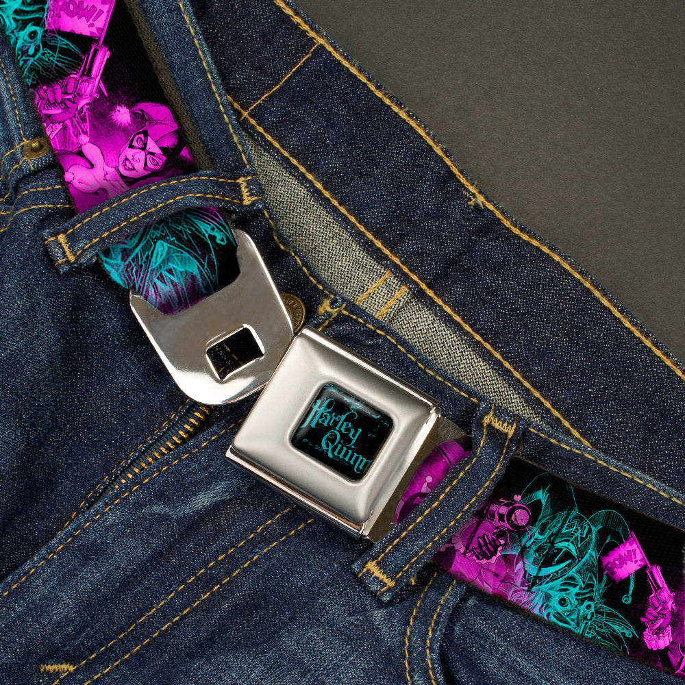 HARLEY QUINN Full Color Black Turquoise Seatbelt Belt - HARLEY QUINN Pow & Aiming Poses/Joker Sketch Black/Turquoise/Fuchsia Webbing Seatbelt Belts DC Comics