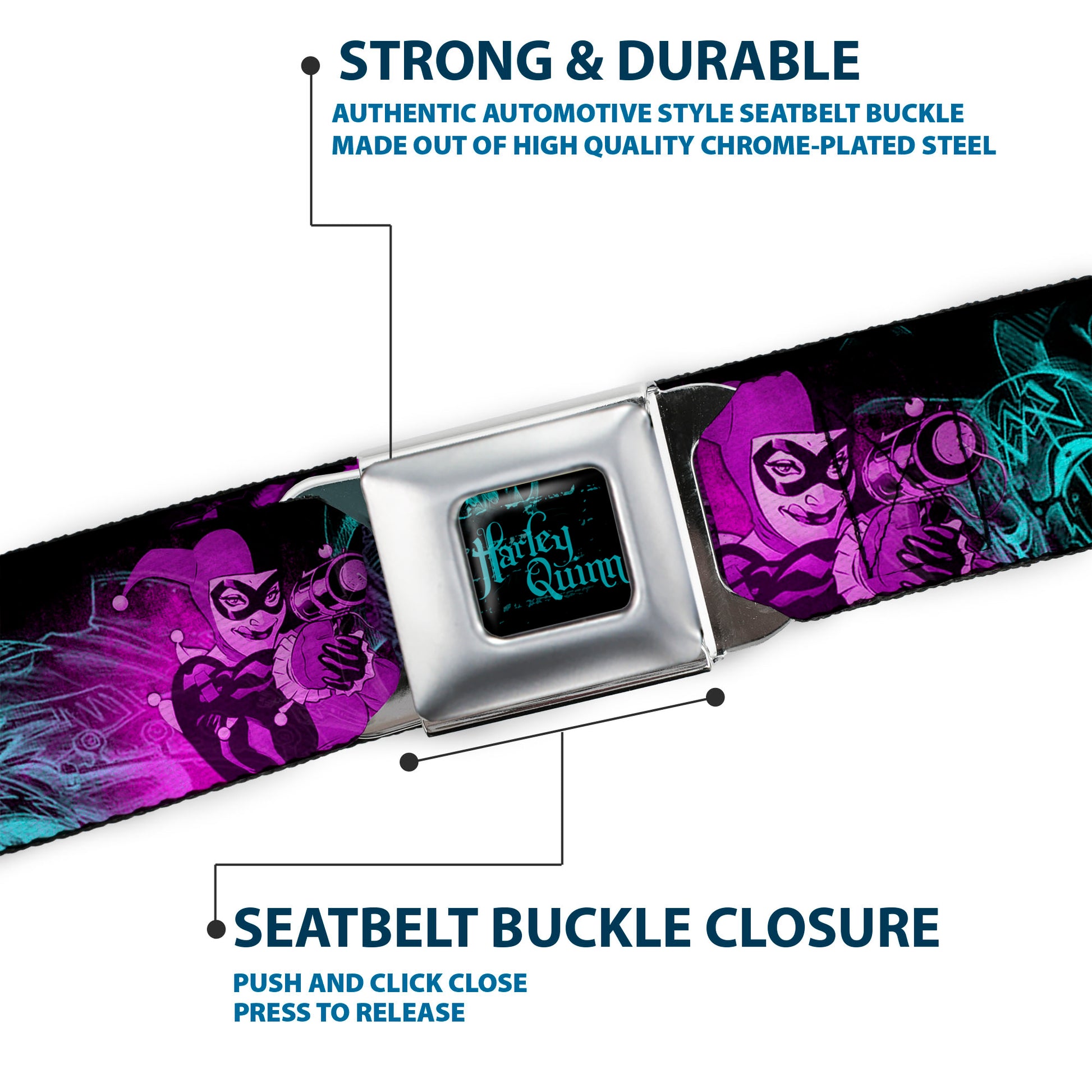 HARLEY QUINN Full Color Black Turquoise Seatbelt Belt - HARLEY QUINN Pow & Aiming Poses/Joker Sketch Black/Turquoise/Fuchsia Webbing Seatbelt Belts DC Comics