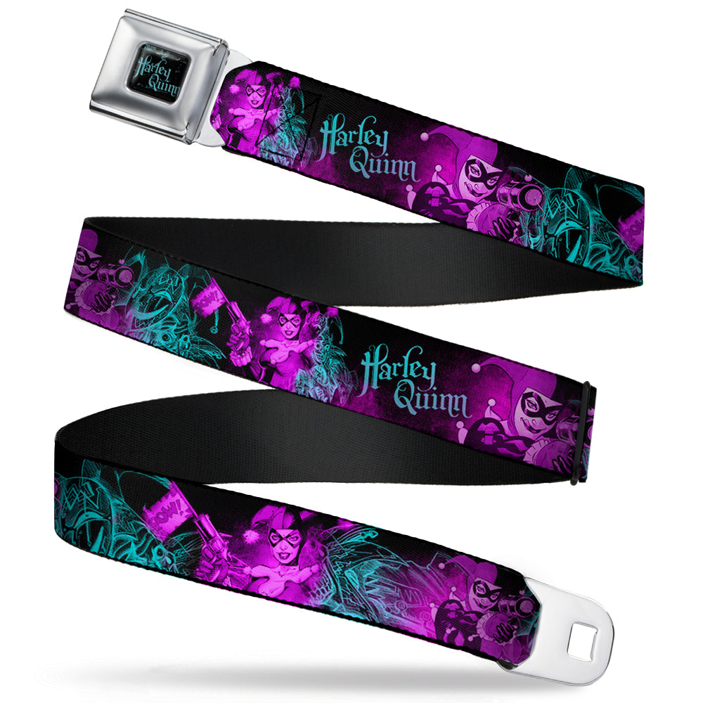 HARLEY QUINN Full Color Black Turquoise Seatbelt Belt - HARLEY QUINN Pow & Aiming Poses/Joker Sketch Black/Turquoise/Fuchsia Webbing Seatbelt Belts DC Comics
